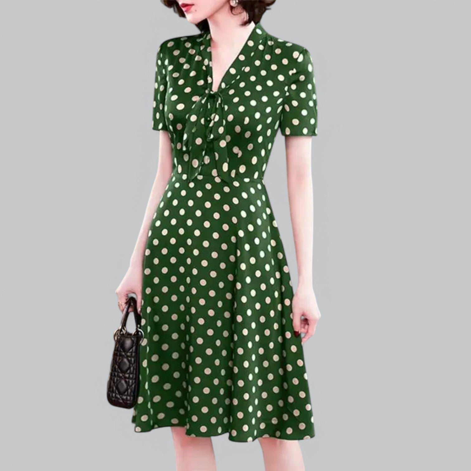 Valenti | Tie Neck Polka Dot Dress - Short Sleeve Midi Dress