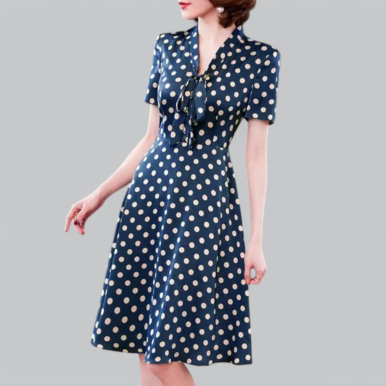 Valenti | Tie Neck Polka Dot Dress - Short Sleeve Midi Dress