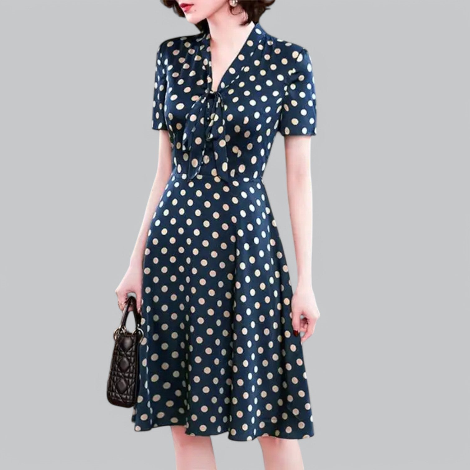 Valenti | Tie Neck Polka Dot Dress - Short Sleeve Midi Dress