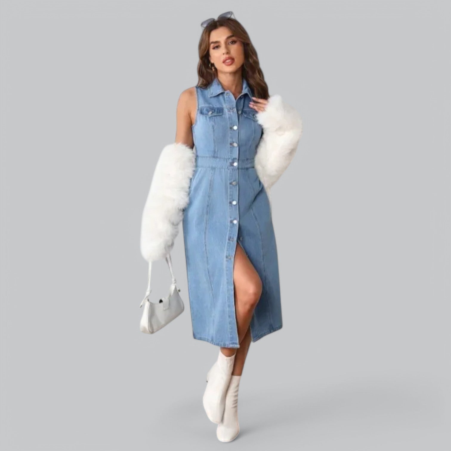 Valenti | Denim Slit Polo Dress - Sleeveless Midi Dress