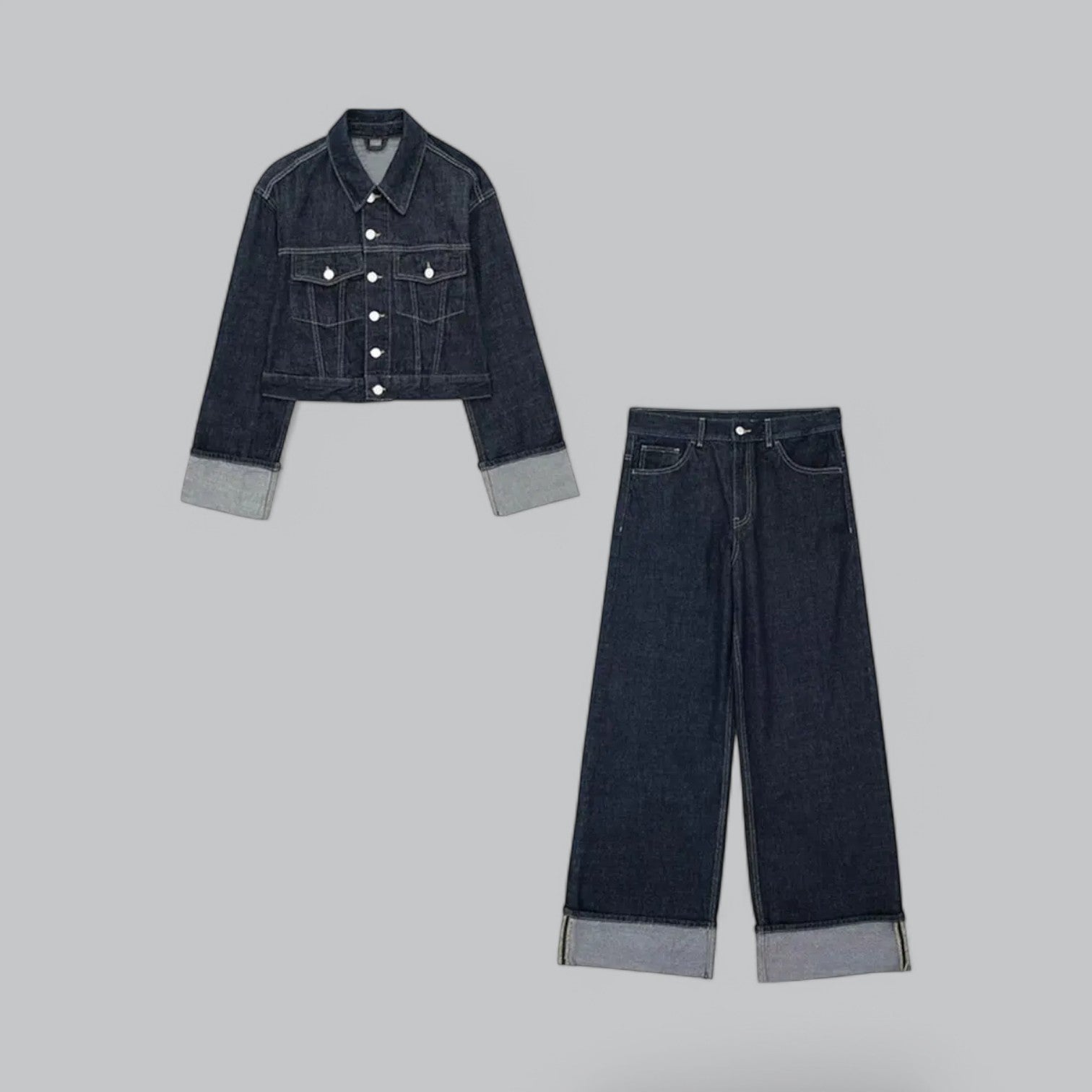 Valenti | Vintage Denim Cropped Jacket & Wide Leg Pants Set