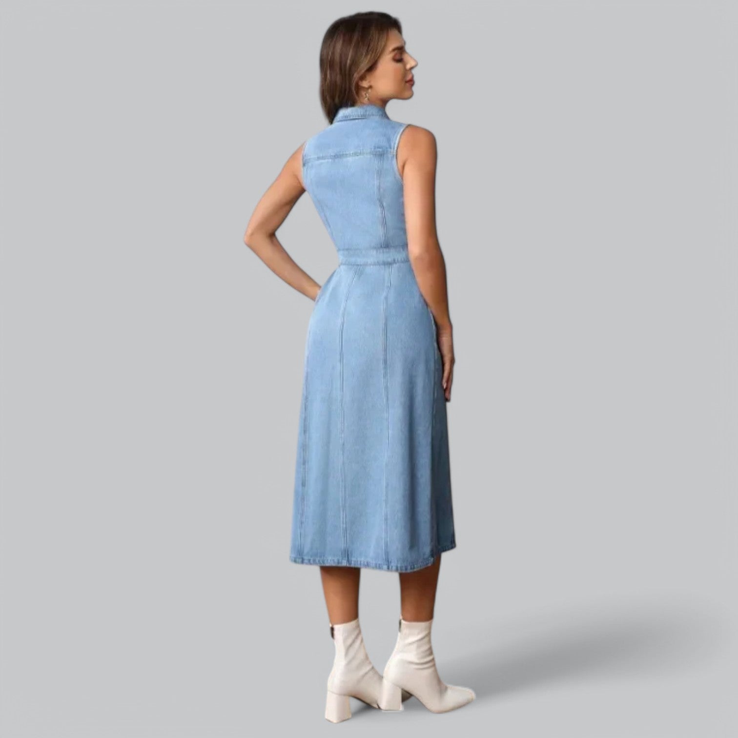 Valenti | Denim Slit Polo Dress - Sleeveless Midi Dress