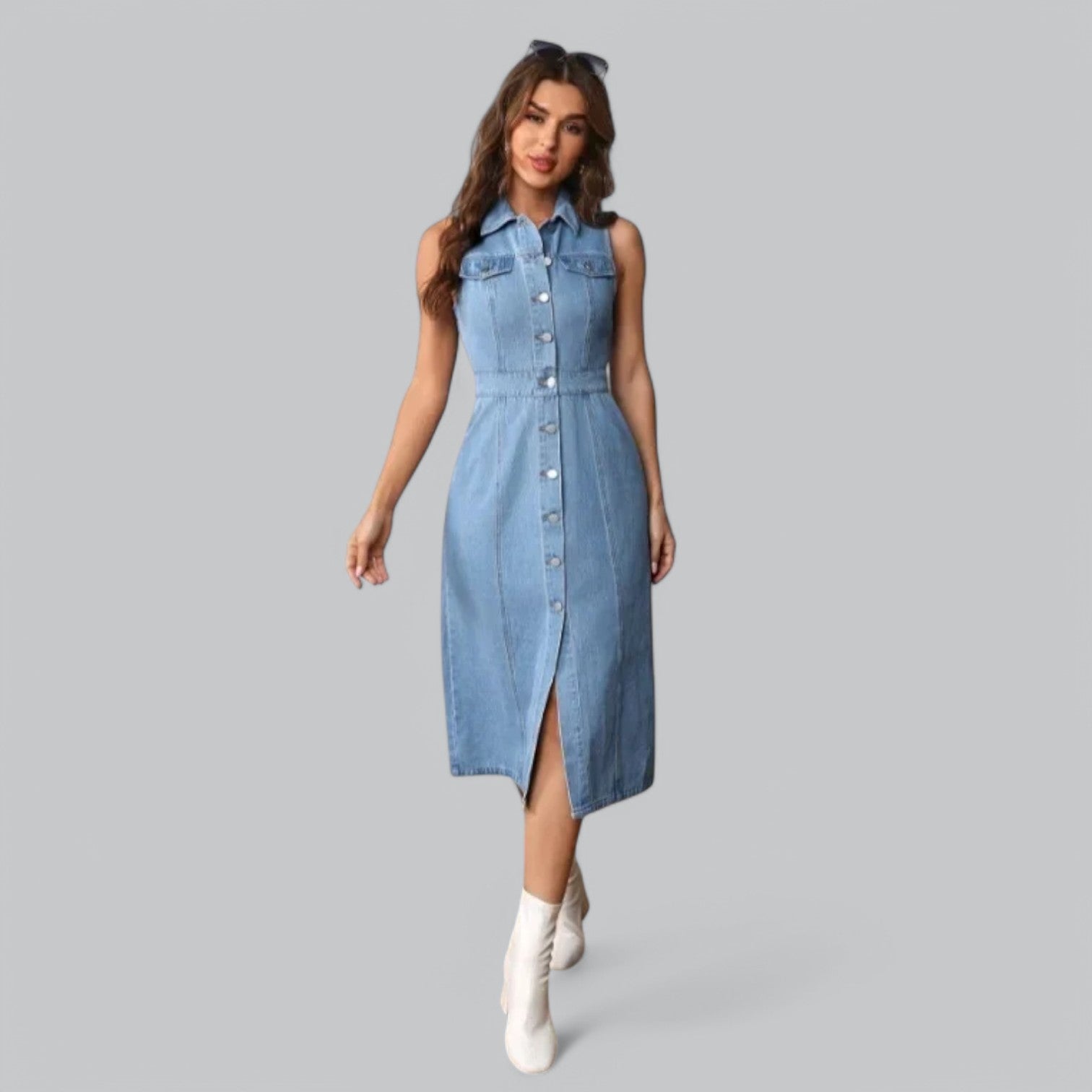 Valenti | Denim Slit Polo Dress - Sleeveless Midi Dress