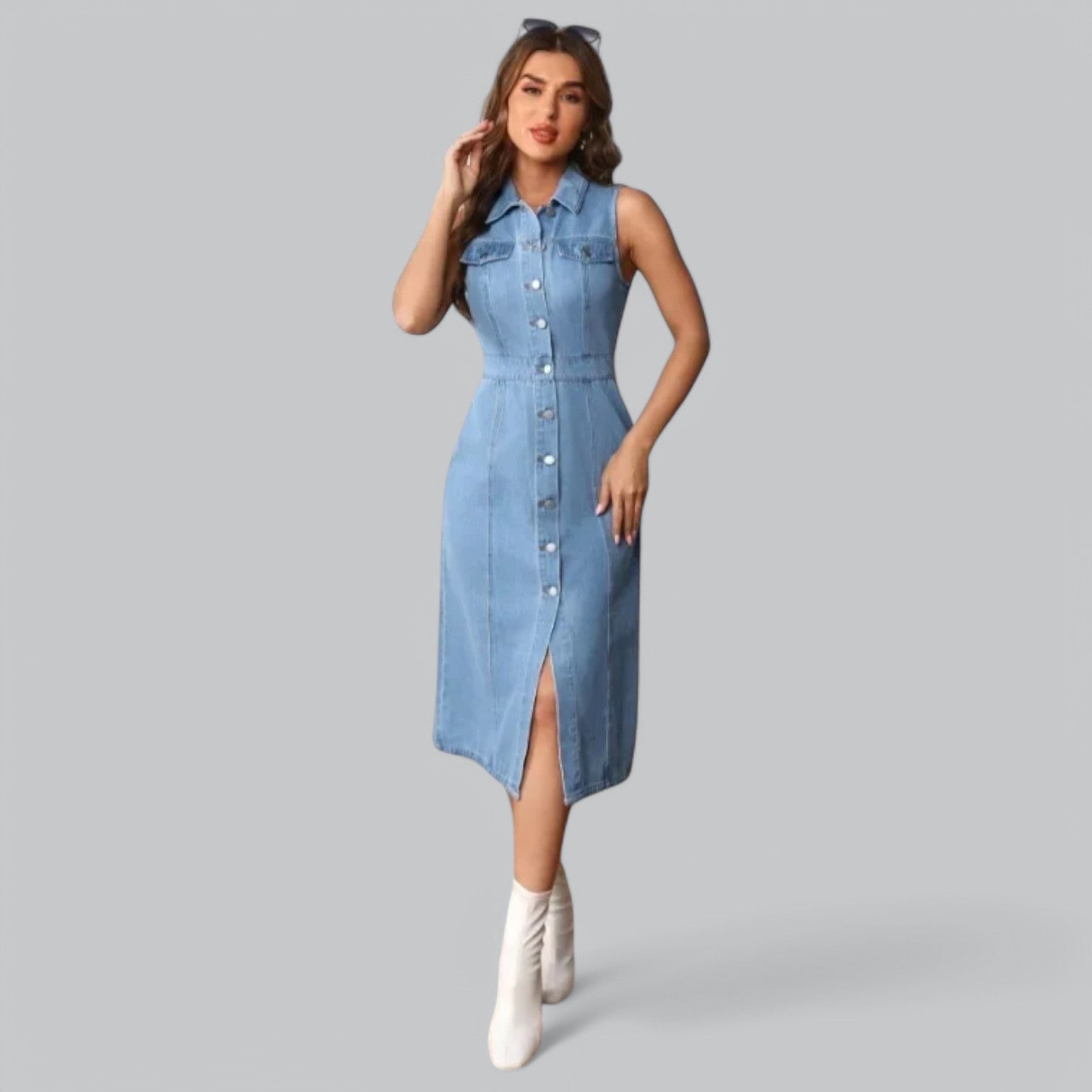 Valenti | Denim Slit Polo Dress - Sleeveless Midi Dress