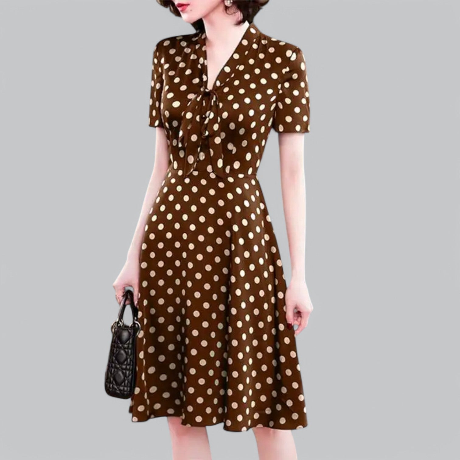 Valenti | Tie Neck Polka Dot Dress - Short Sleeve Midi Dress
