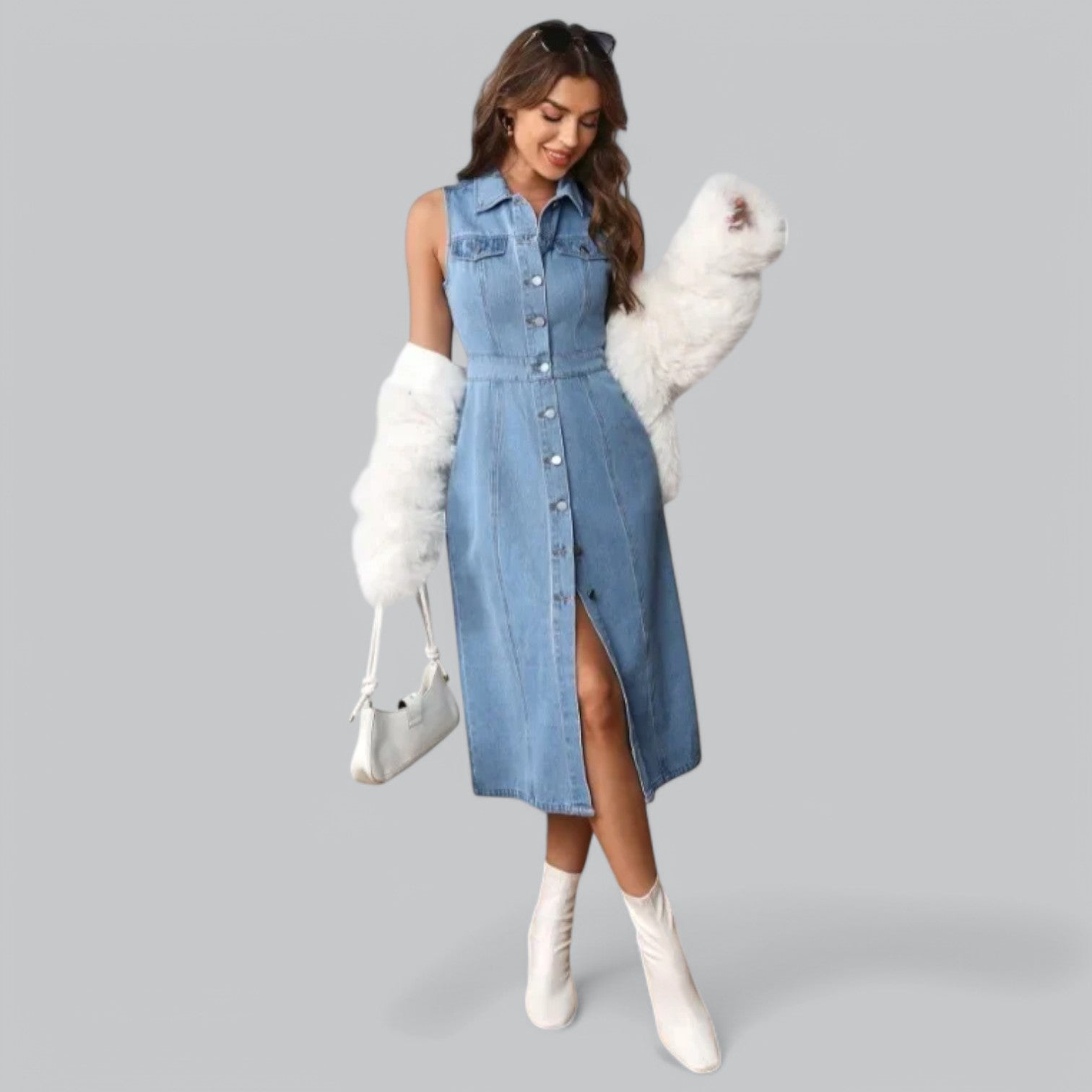 Valenti | Denim Slit Polo Dress - Sleeveless Midi Dress