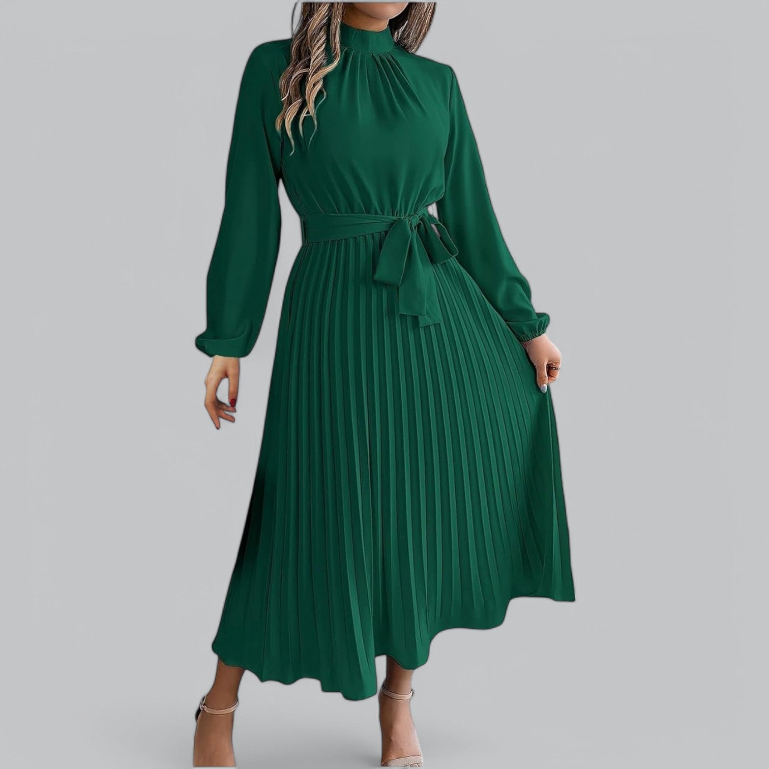 Valenti | Classy Ruffle Mock Neck Maxi Dress - Pleated Chiffon with Belt