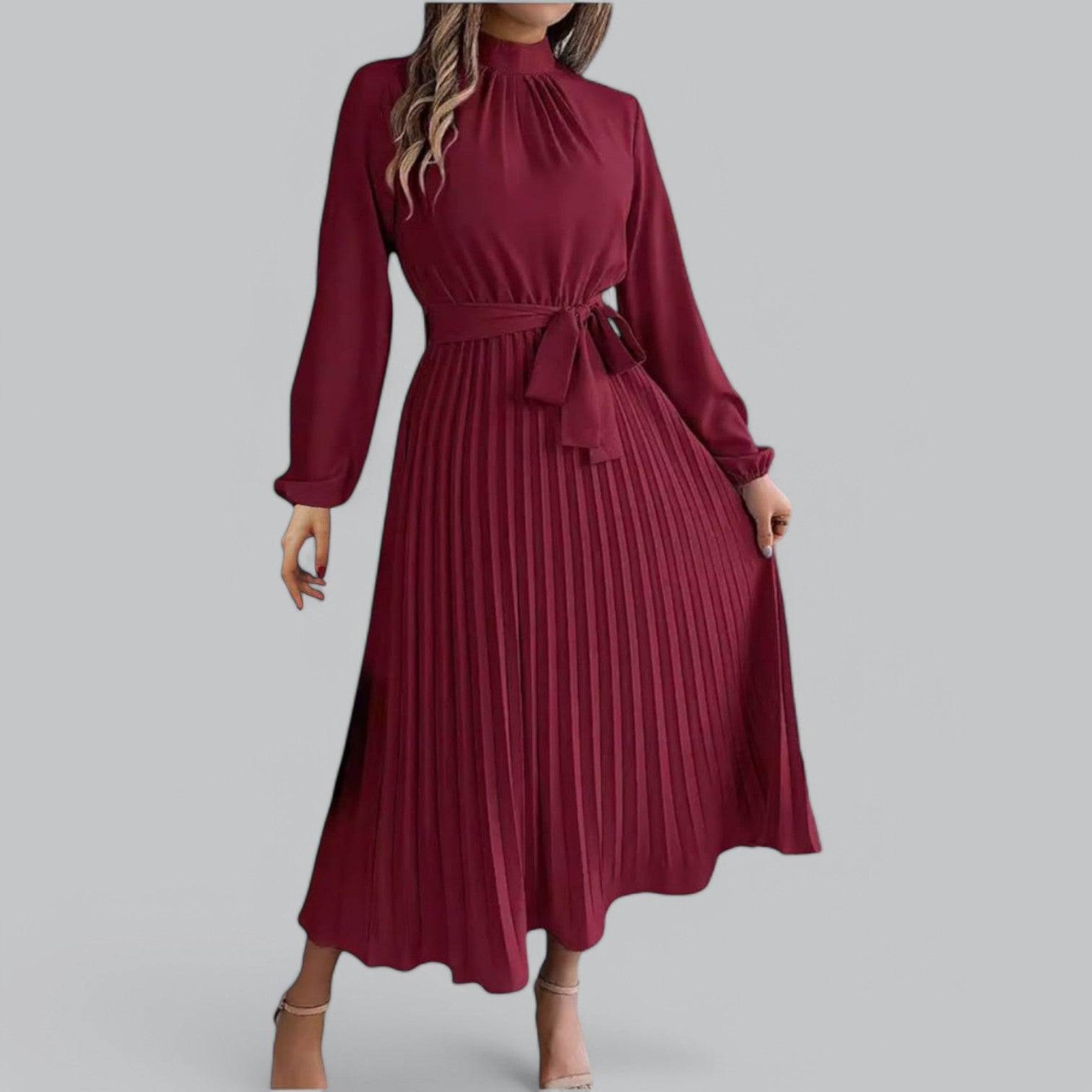 Valenti | Classy Ruffle Mock Neck Maxi Dress - Pleated Chiffon with Belt
