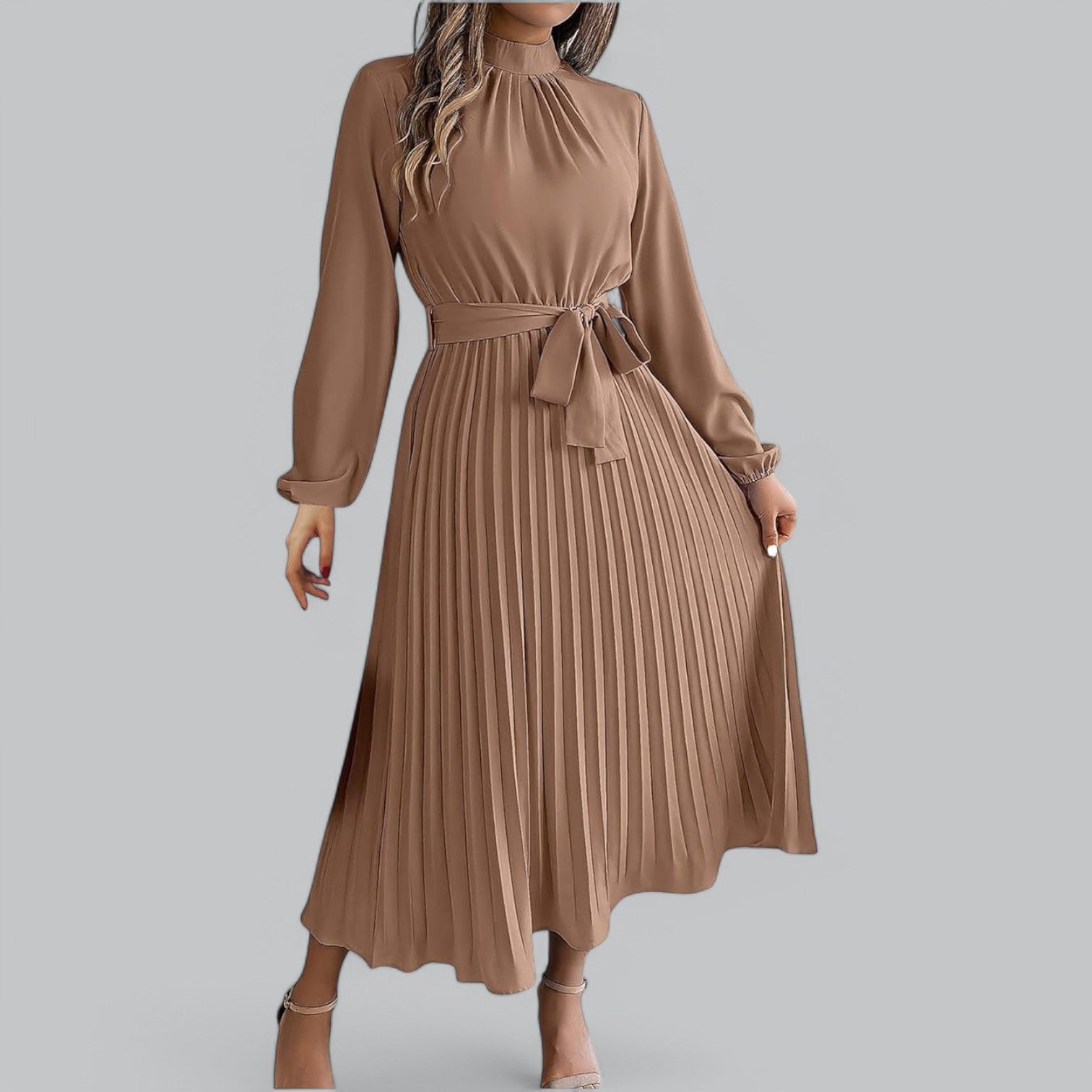 Valenti | Classy Ruffle Mock Neck Maxi Dress - Pleated Chiffon with Belt