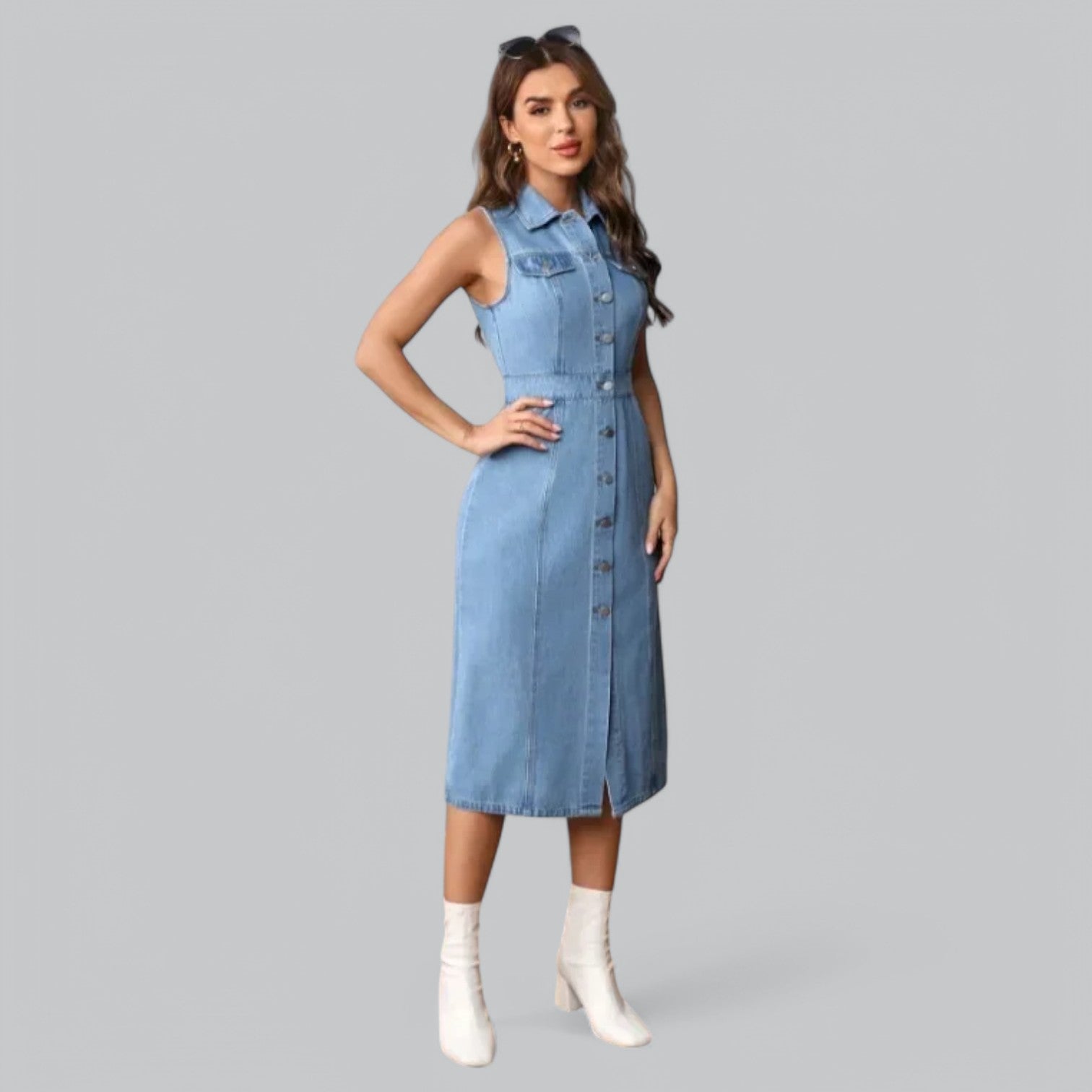 Valenti | Denim Slit Polo Dress - Sleeveless Midi Dress