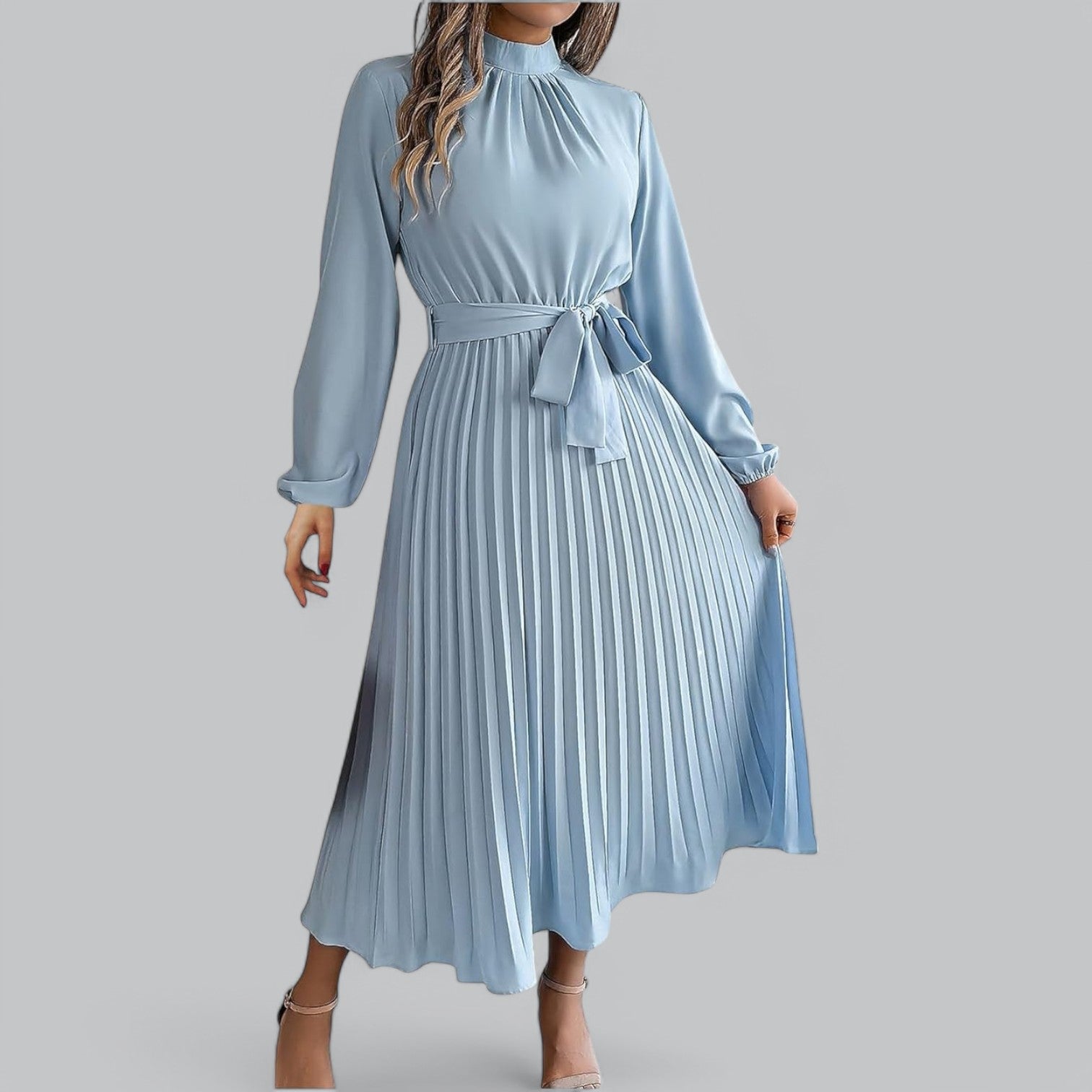 Valenti | Classy Ruffle Mock Neck Maxi Dress - Pleated Chiffon with Belt