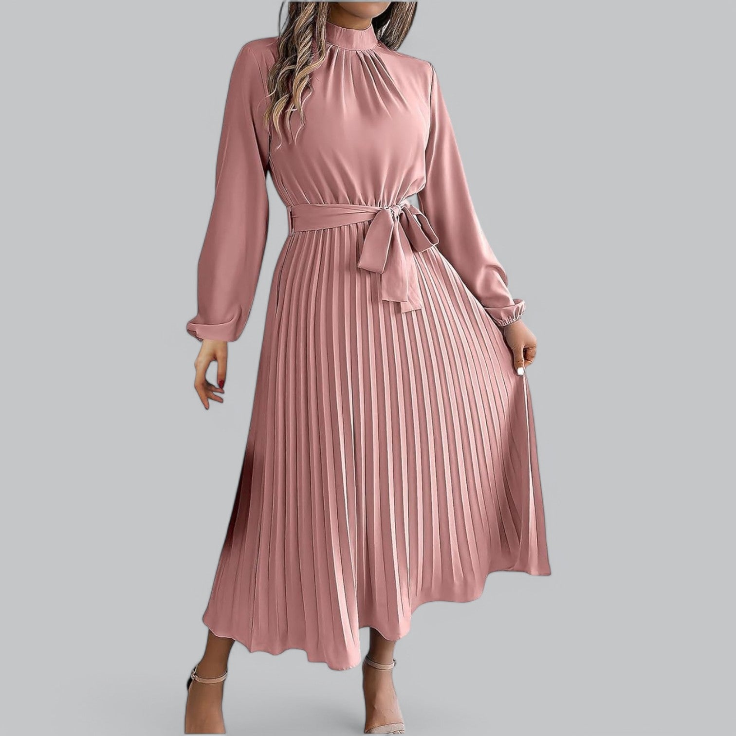 Valenti | Classy Ruffle Mock Neck Maxi Dress - Pleated Chiffon with Belt