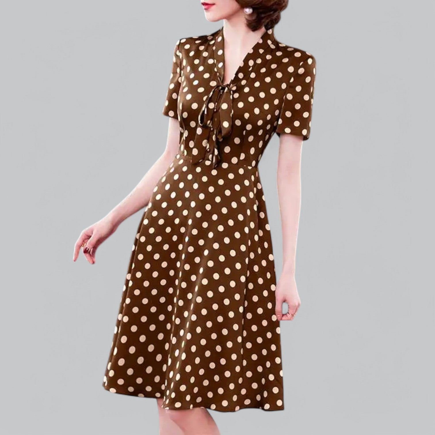 Valenti | Tie Neck Polka Dot Dress - Short Sleeve Midi Dress