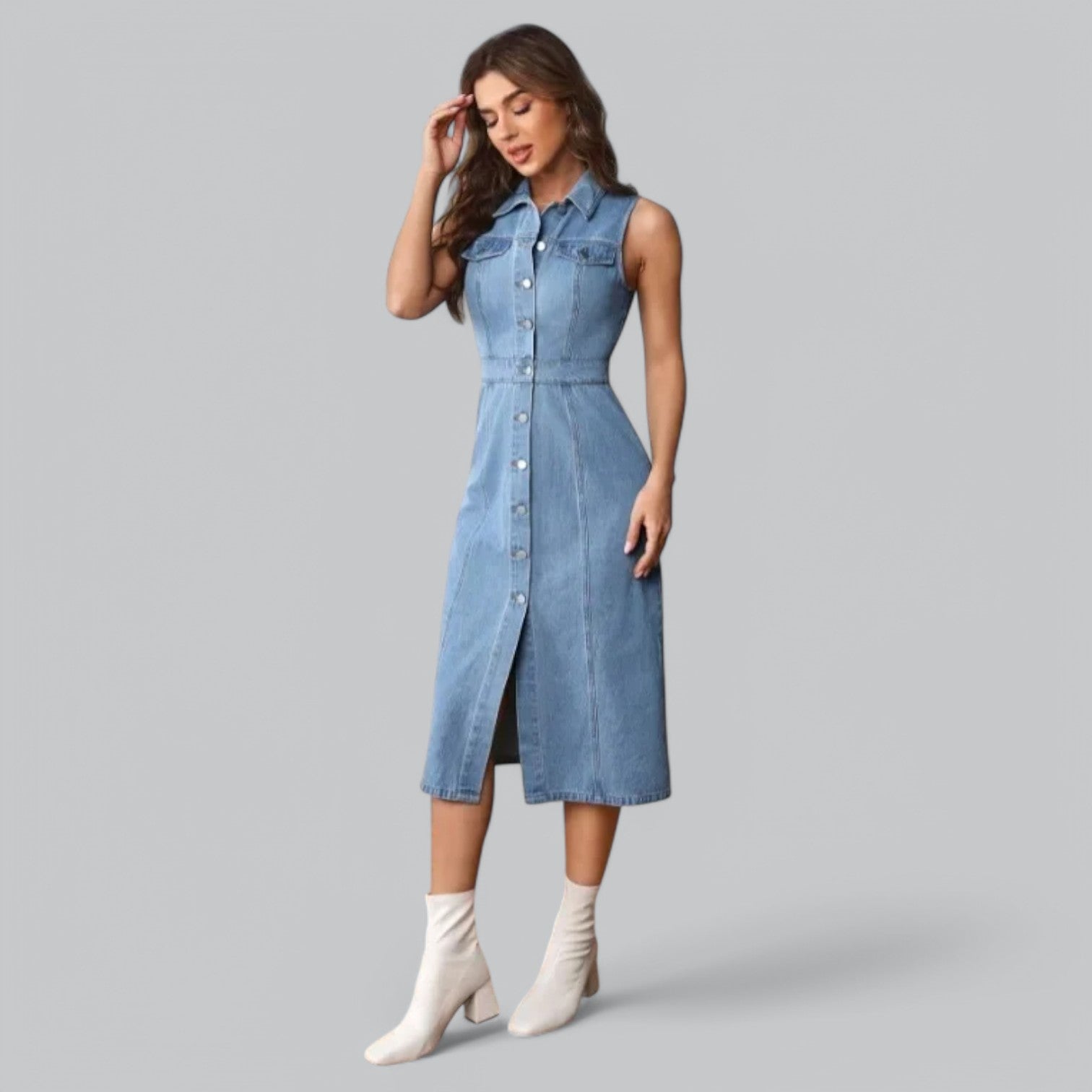 Valenti | Denim Slit Polo Dress - Sleeveless Midi Dress