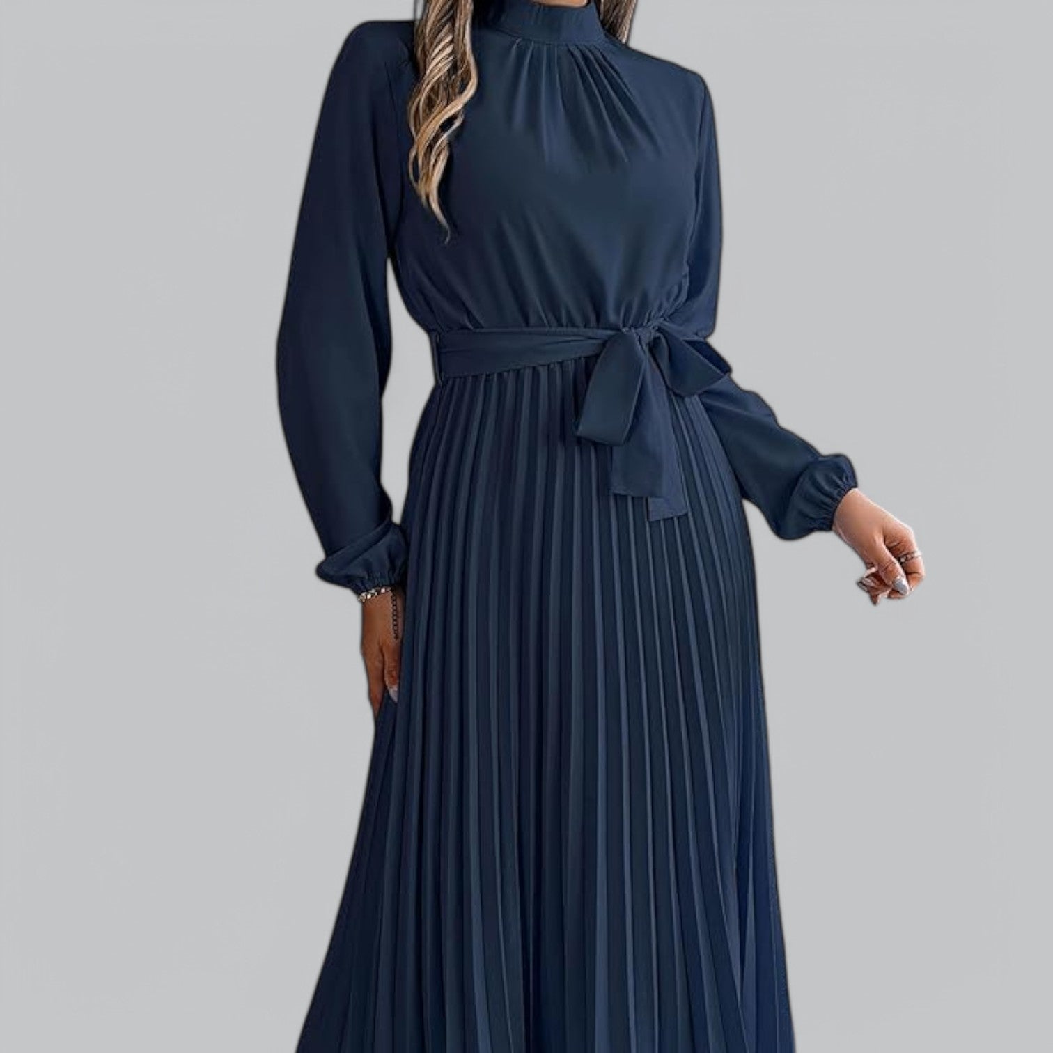 Valenti | Classy Ruffle Mock Neck Maxi Dress - Pleated Chiffon with Belt
