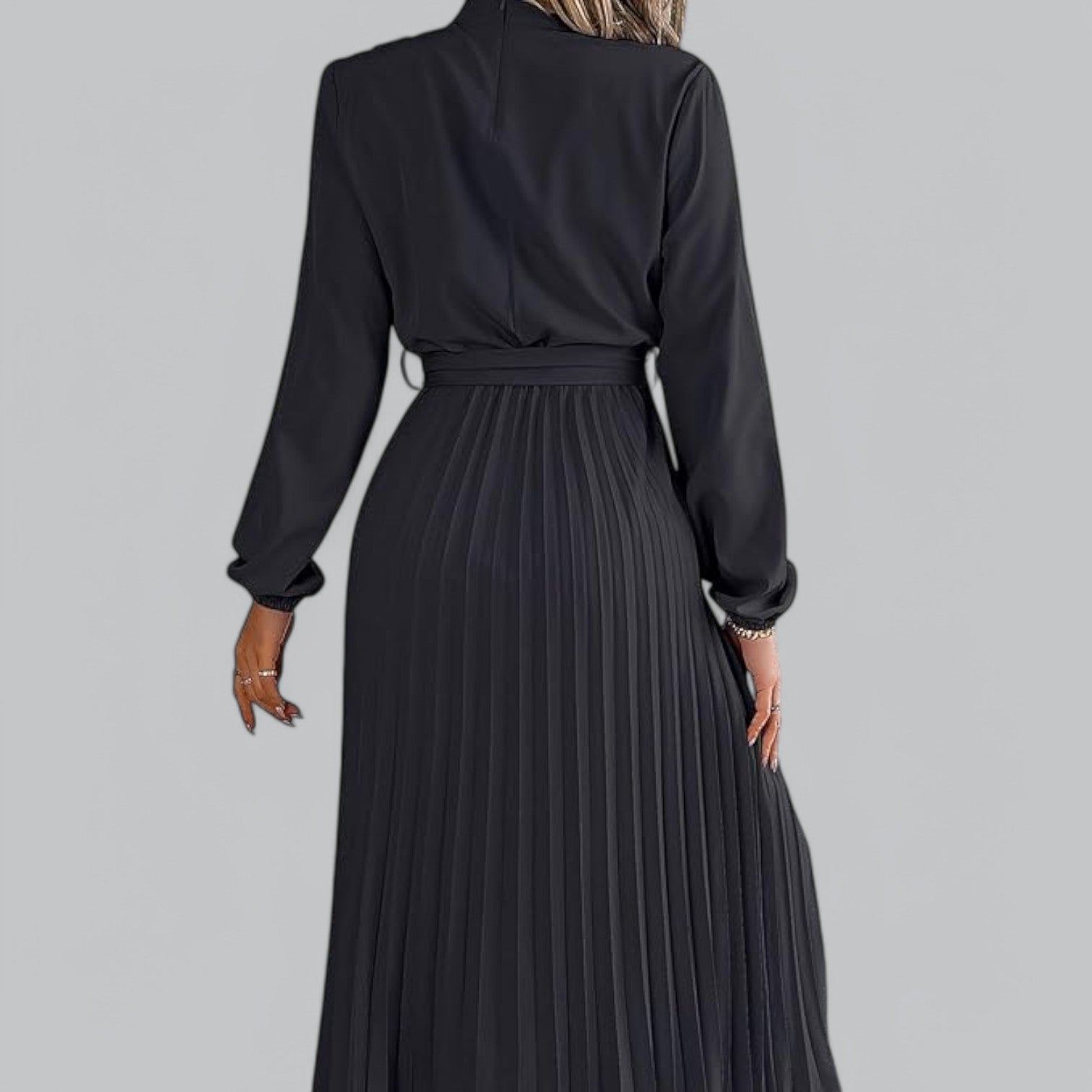 Valenti | Classy Ruffle Mock Neck Maxi Dress - Pleated Chiffon with Belt