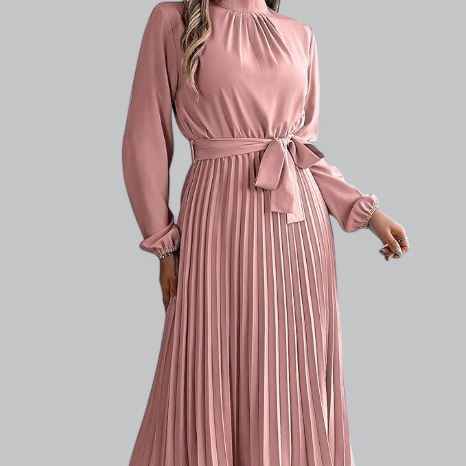 Valenti | Classy Ruffle Mock Neck Maxi Dress - Pleated Chiffon with Belt
