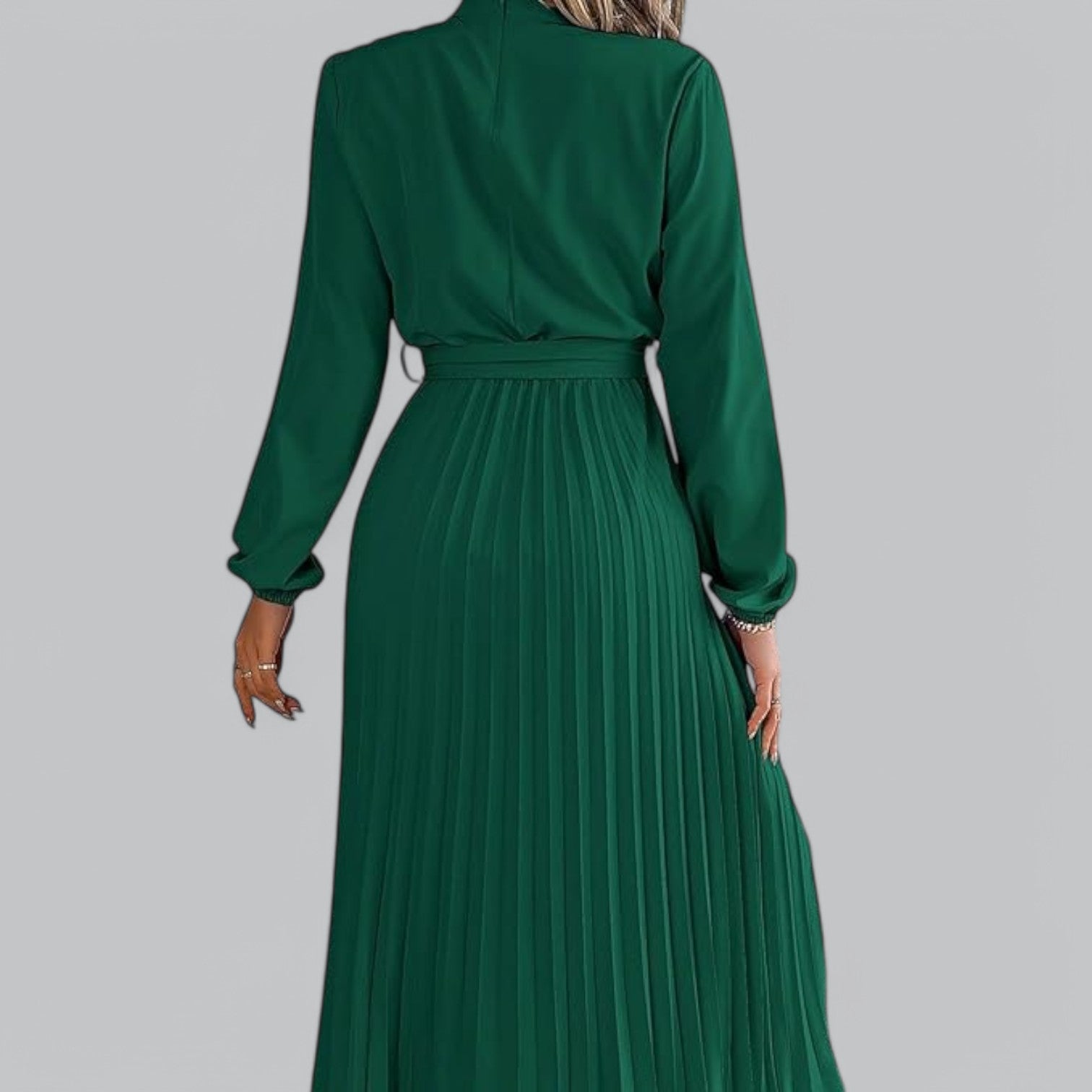Valenti | Classy Ruffle Mock Neck Maxi Dress - Pleated Chiffon with Belt