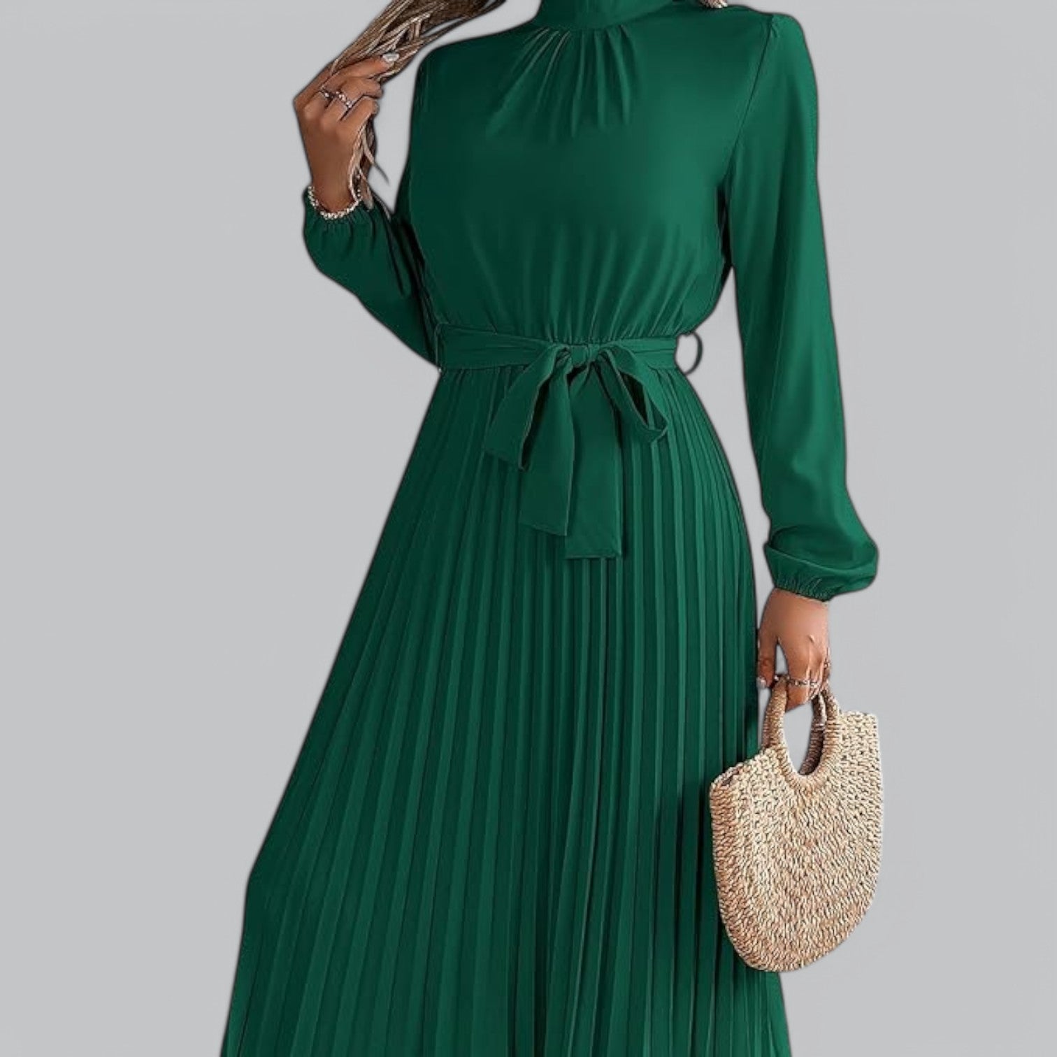 Valenti | Classy Ruffle Mock Neck Maxi Dress - Pleated Chiffon with Belt