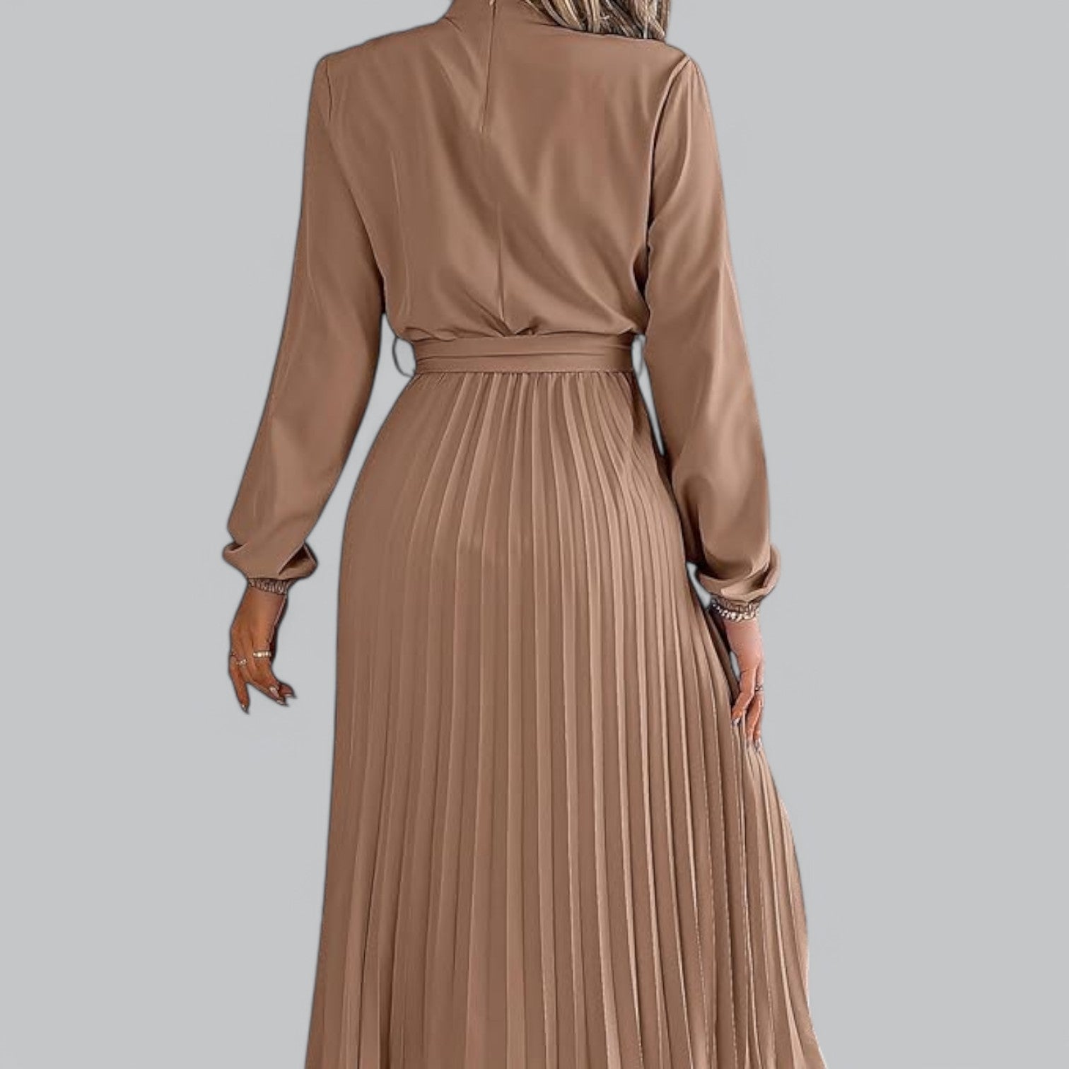Valenti | Classy Ruffle Mock Neck Maxi Dress - Pleated Chiffon with Belt