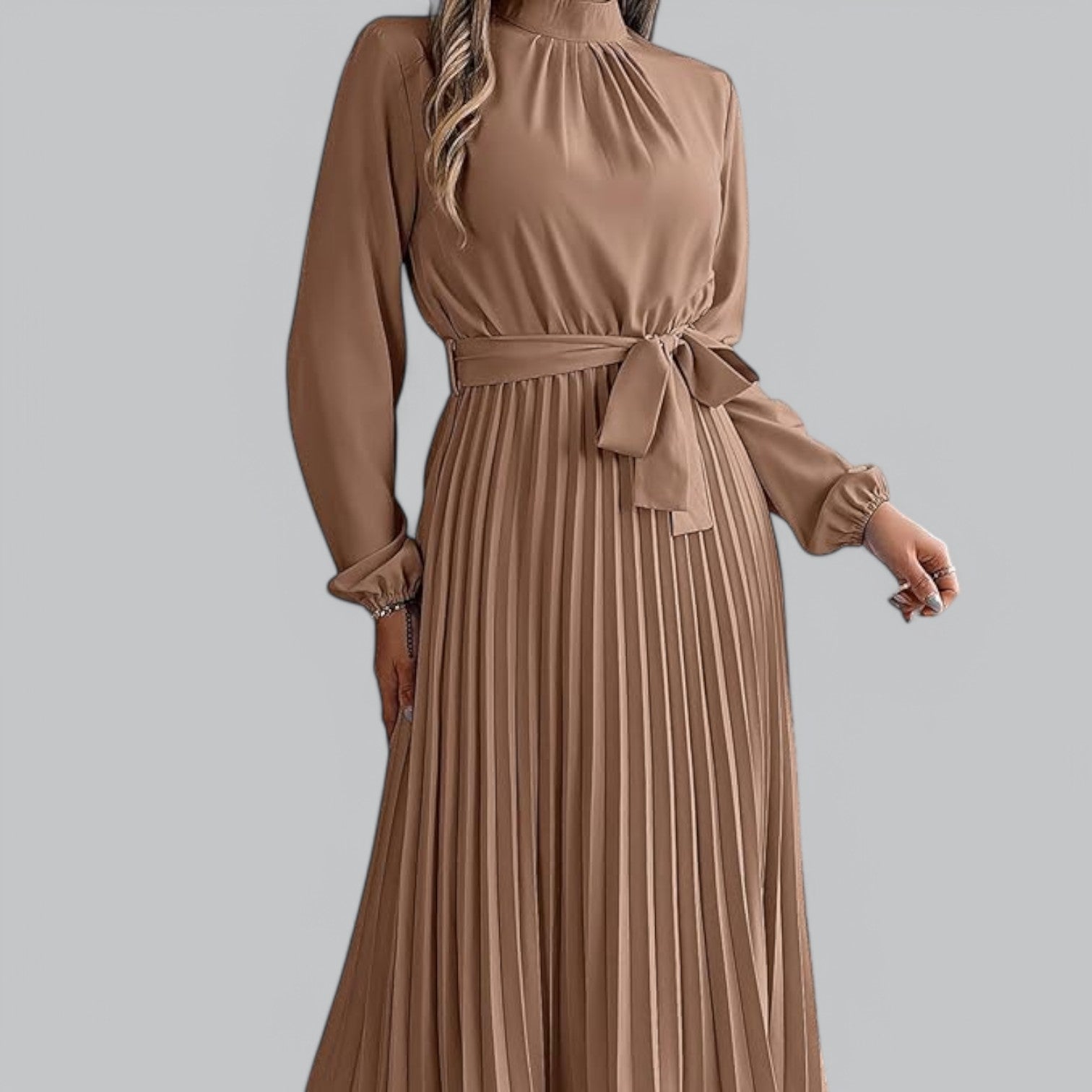 Valenti | Classy Ruffle Mock Neck Maxi Dress - Pleated Chiffon with Belt