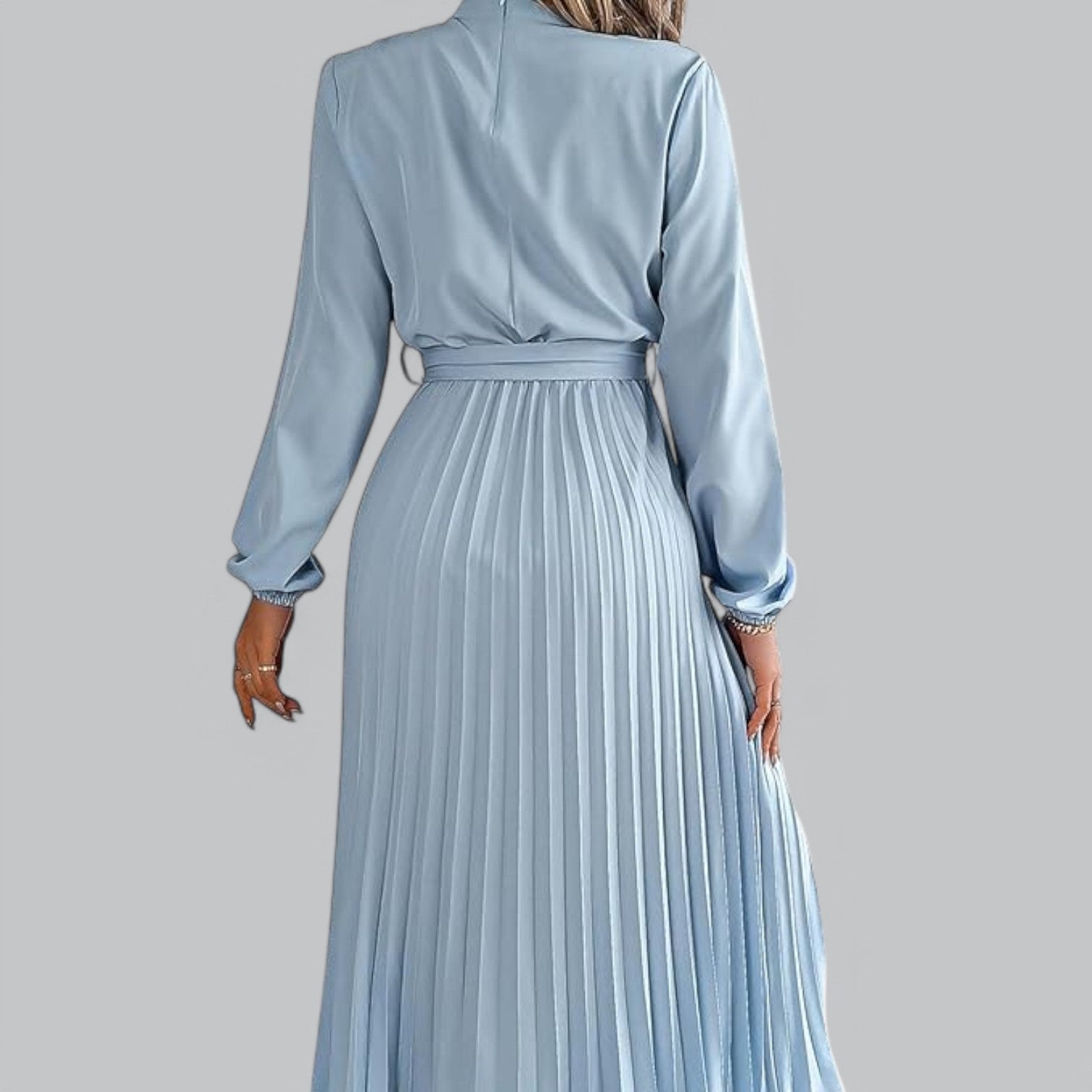 Valenti | Classy Ruffle Mock Neck Maxi Dress - Pleated Chiffon with Belt