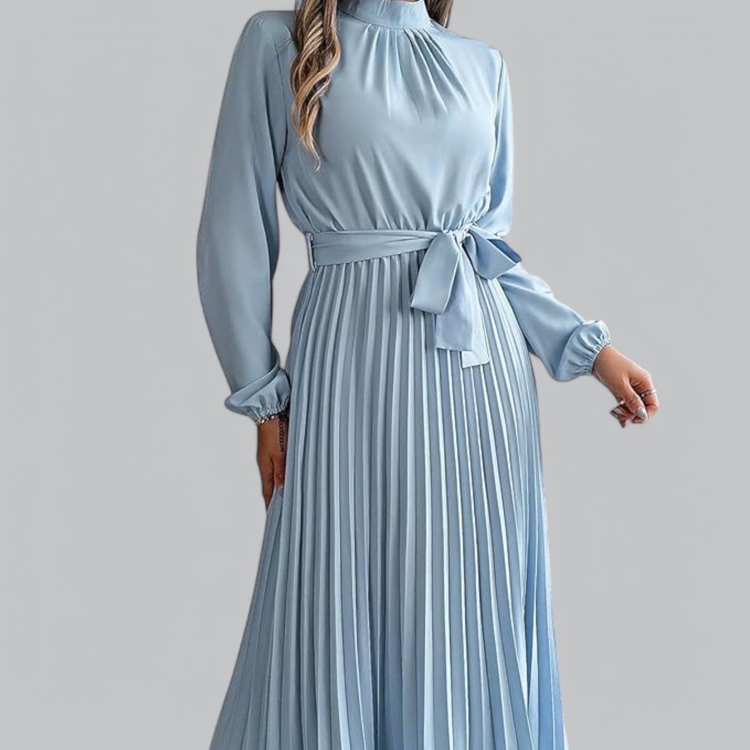 Valenti | Classy Ruffle Mock Neck Maxi Dress - Pleated Chiffon with Belt