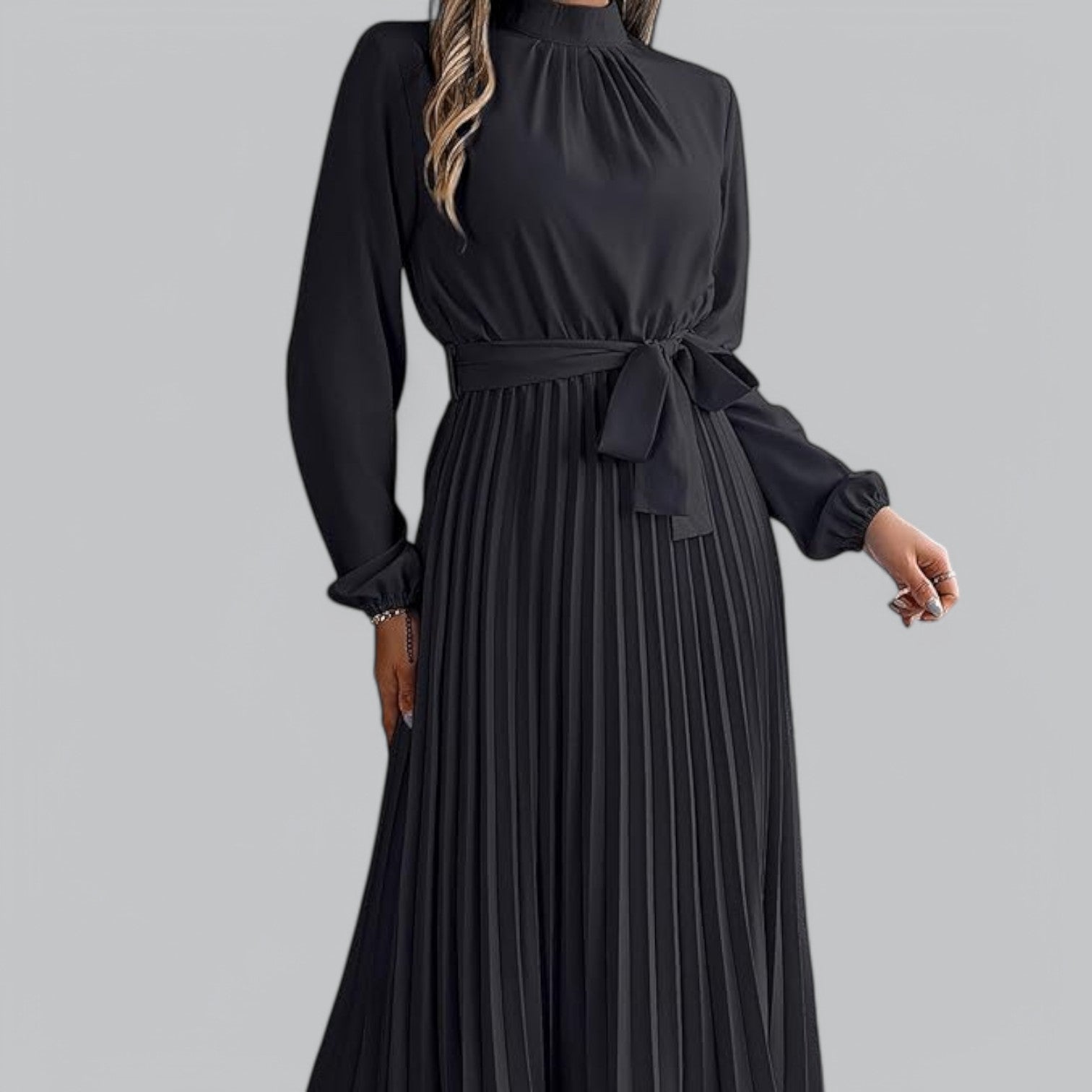 Valenti | Classy Ruffle Mock Neck Maxi Dress - Pleated Chiffon with Belt