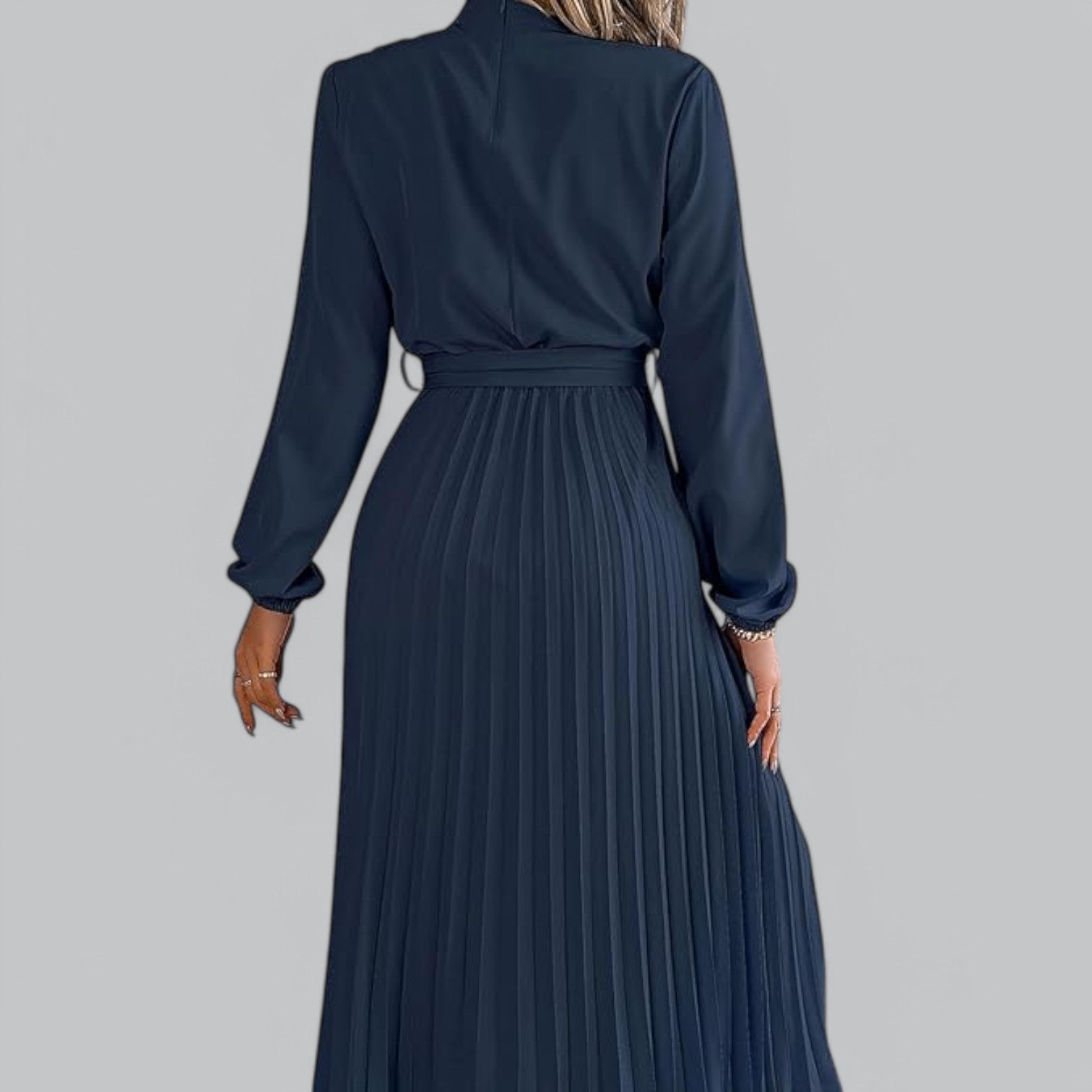 Valenti | Classy Ruffle Mock Neck Maxi Dress - Pleated Chiffon with Belt