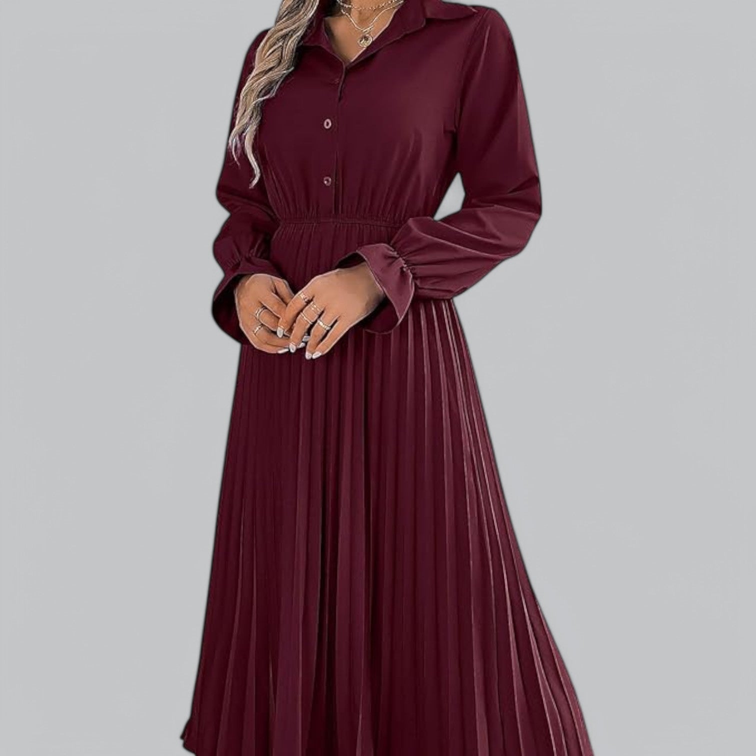 Valenti | Classy Ruffle Mock Neck Maxi Dress - Pleated Chiffon with Belt