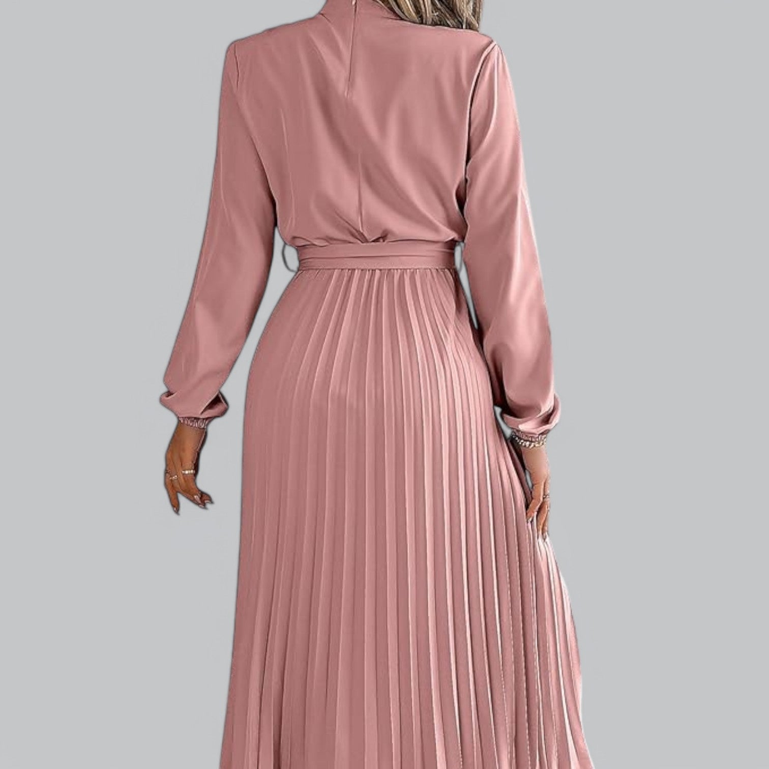 Valenti | Classy Ruffle Mock Neck Maxi Dress - Pleated Chiffon with Belt