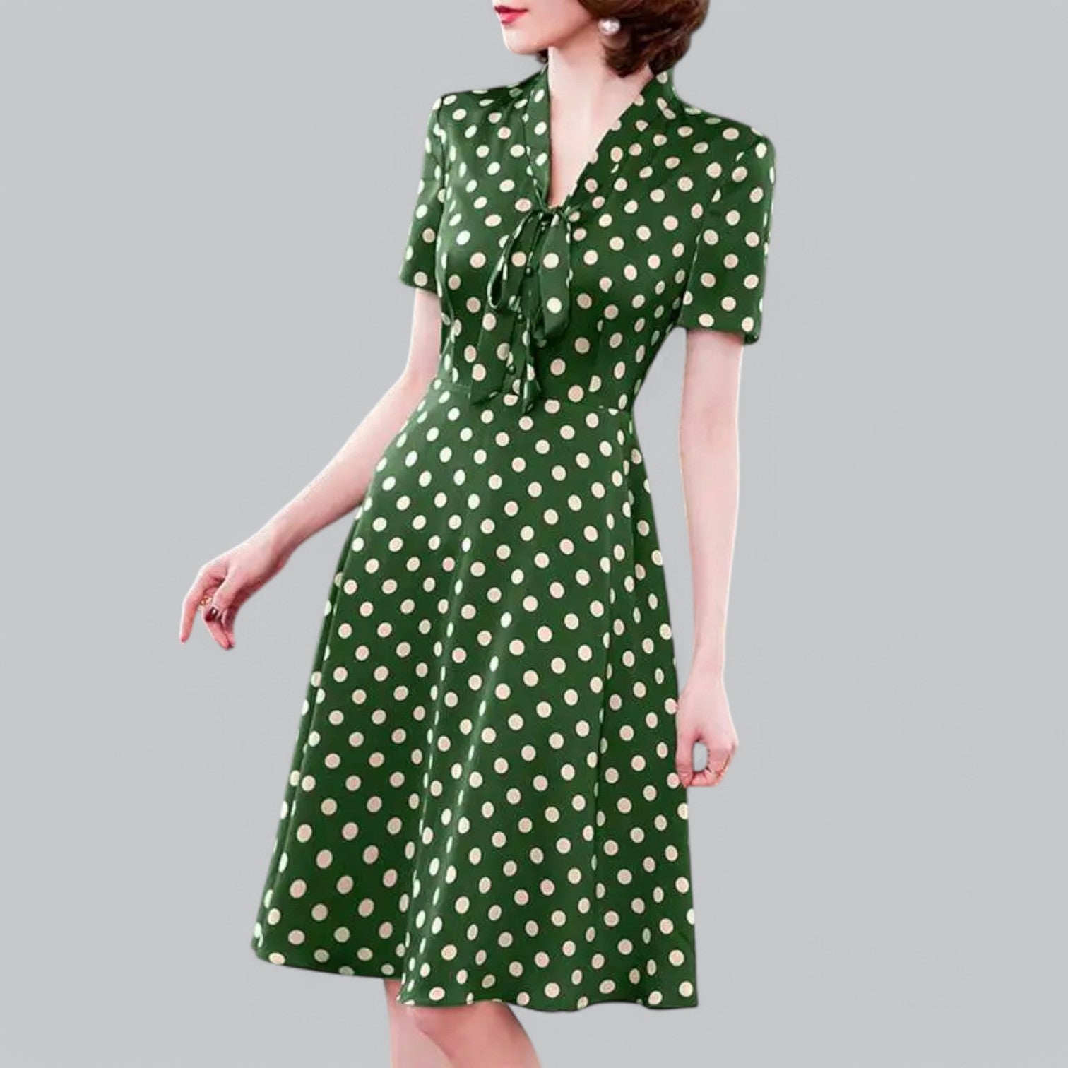 Valenti | Tie Neck Polka Dot Dress - Short Sleeve Midi Dress