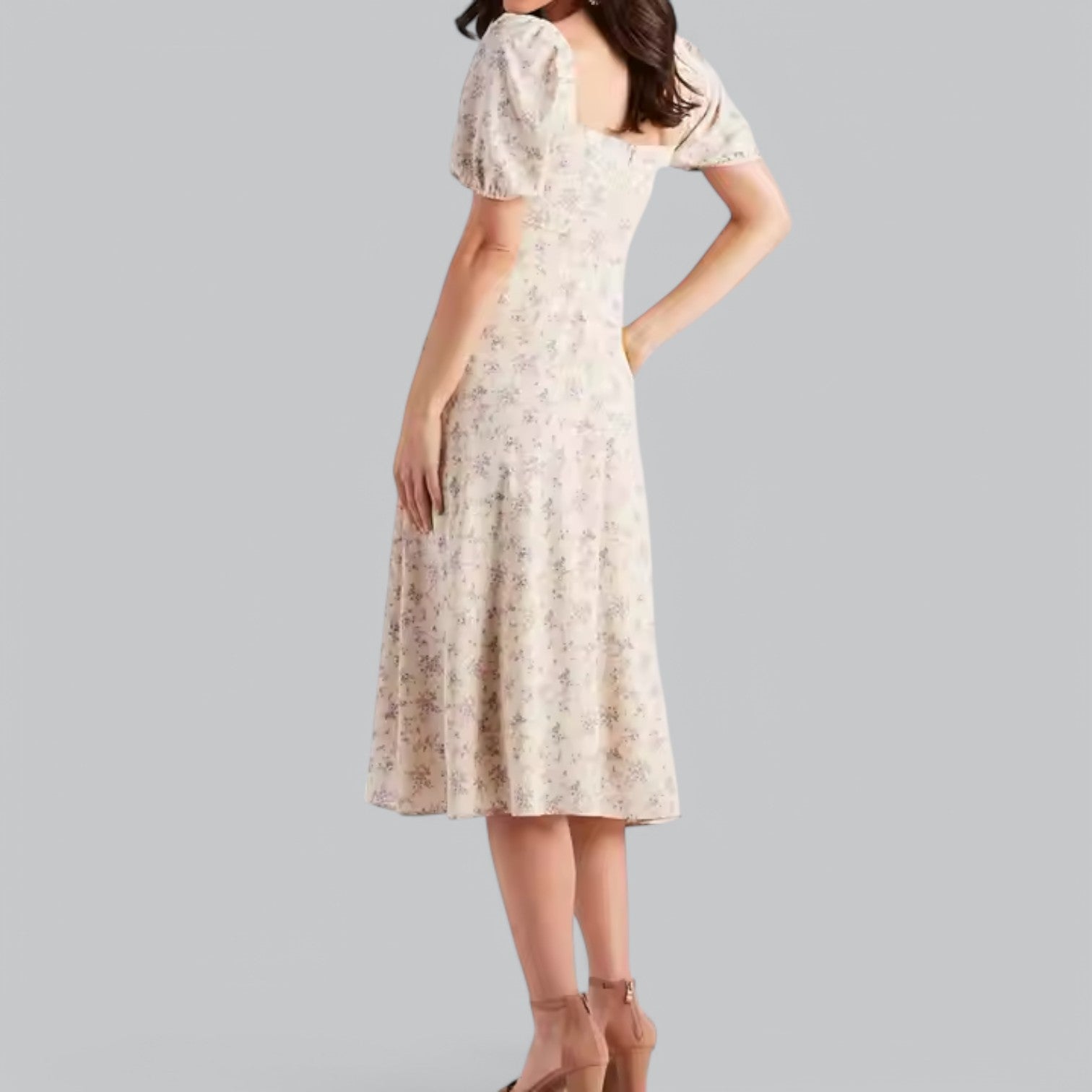Valenti | Short Puff Sleeves Midi Dress - Slit Cut Floral Sundress