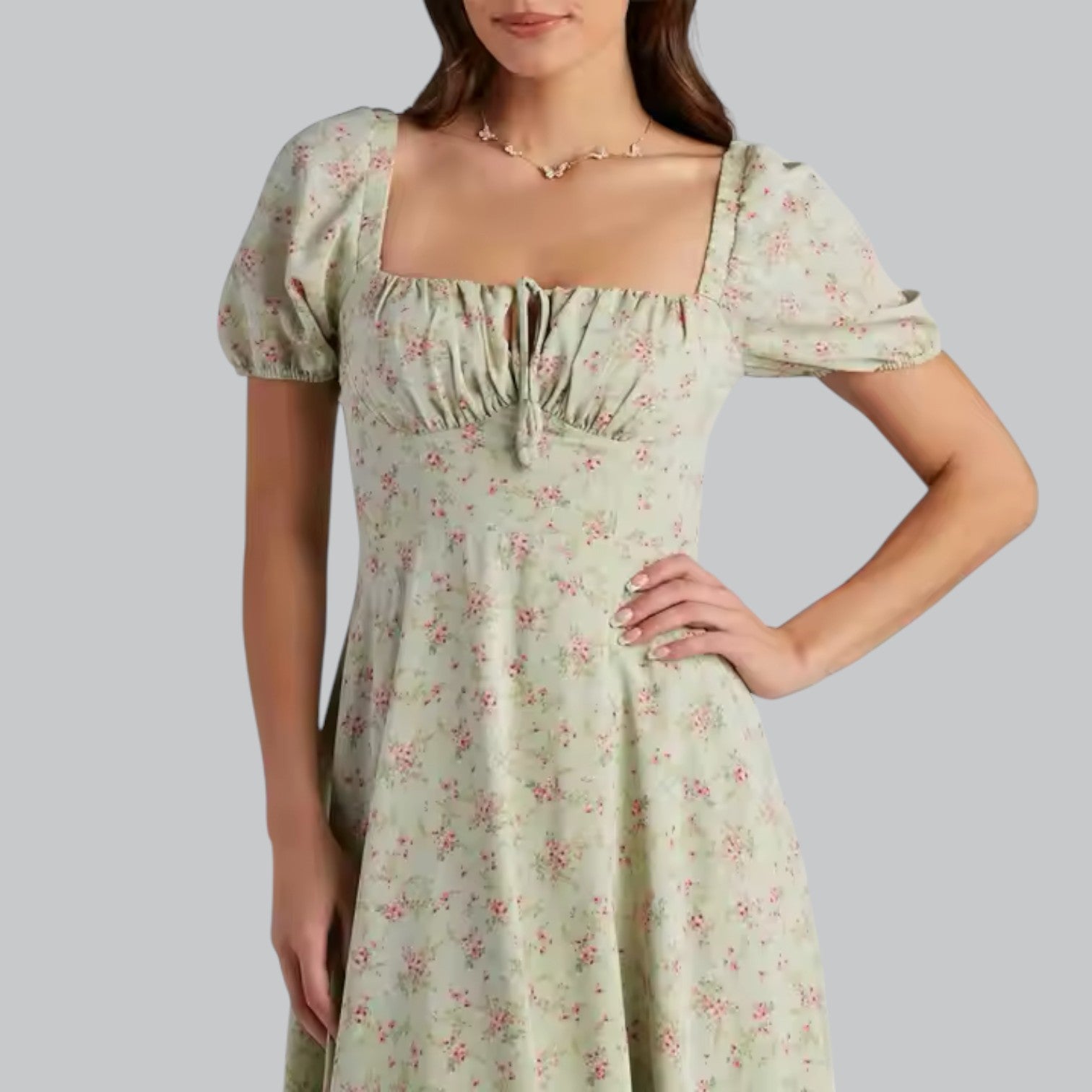 Valenti | Short Puff Sleeves Midi Dress - Slit Cut Floral Sundress