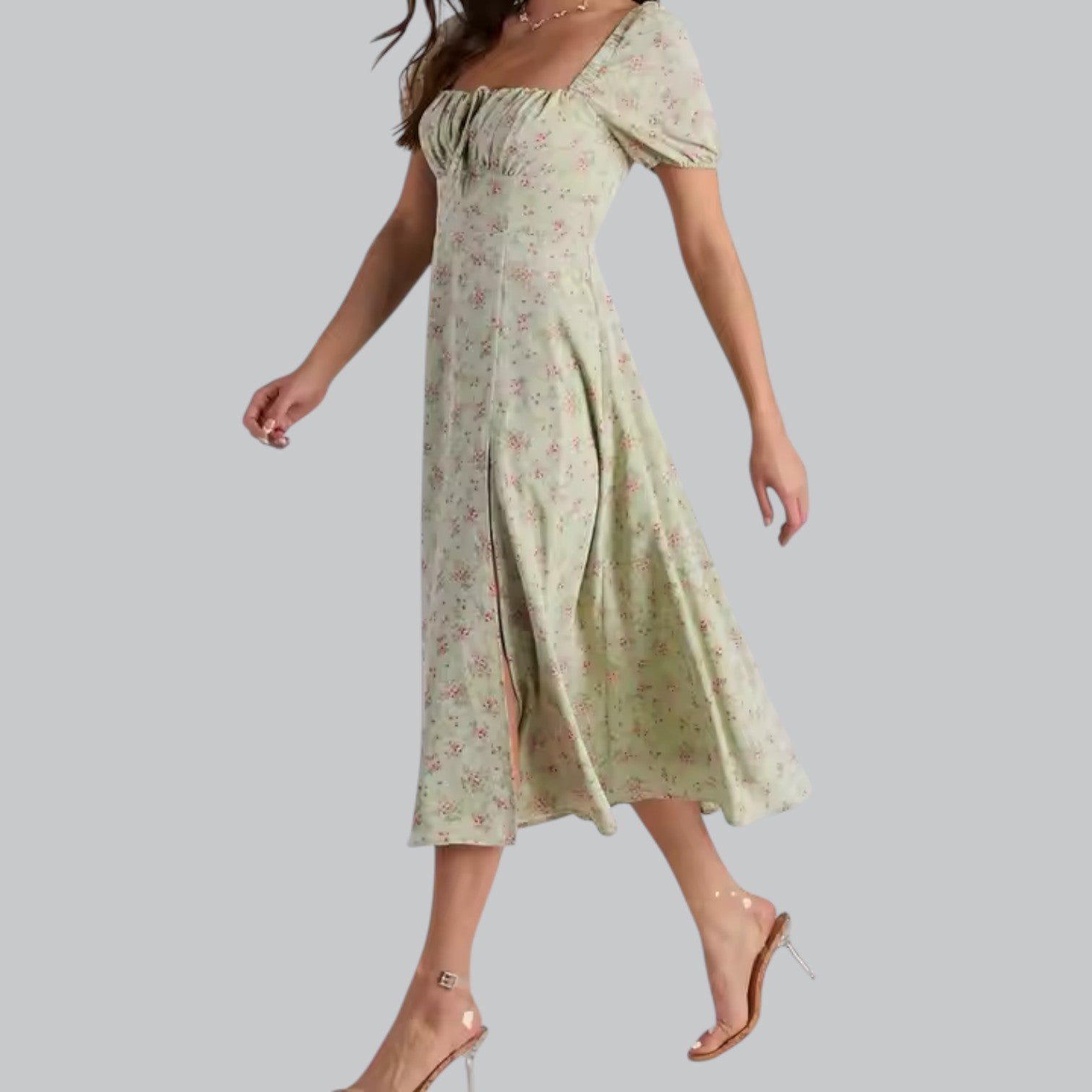 Valenti | Short Puff Sleeves Midi Dress - Slit Cut Floral Sundress