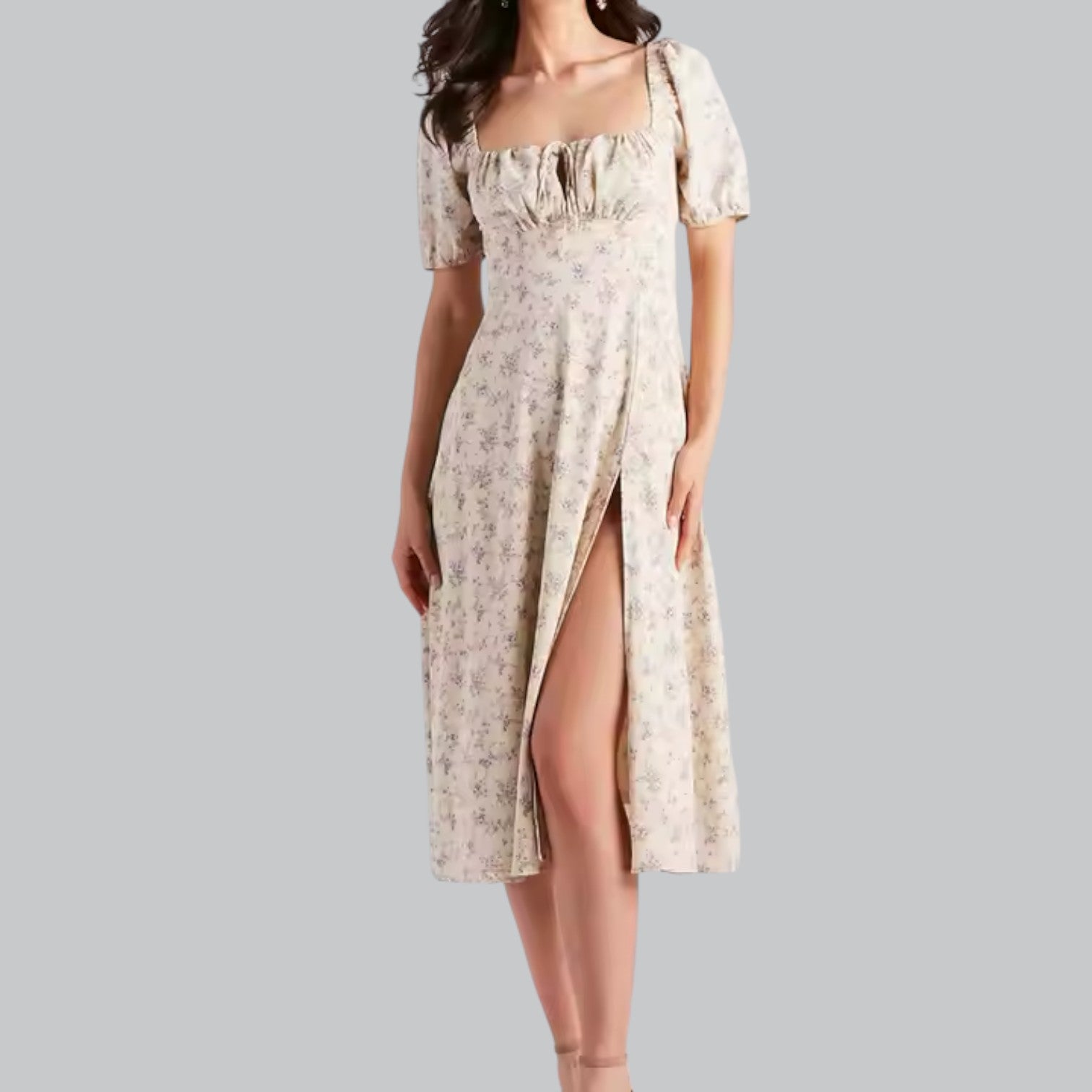 Valenti | Short Puff Sleeves Midi Dress - Slit Cut Floral Sundress