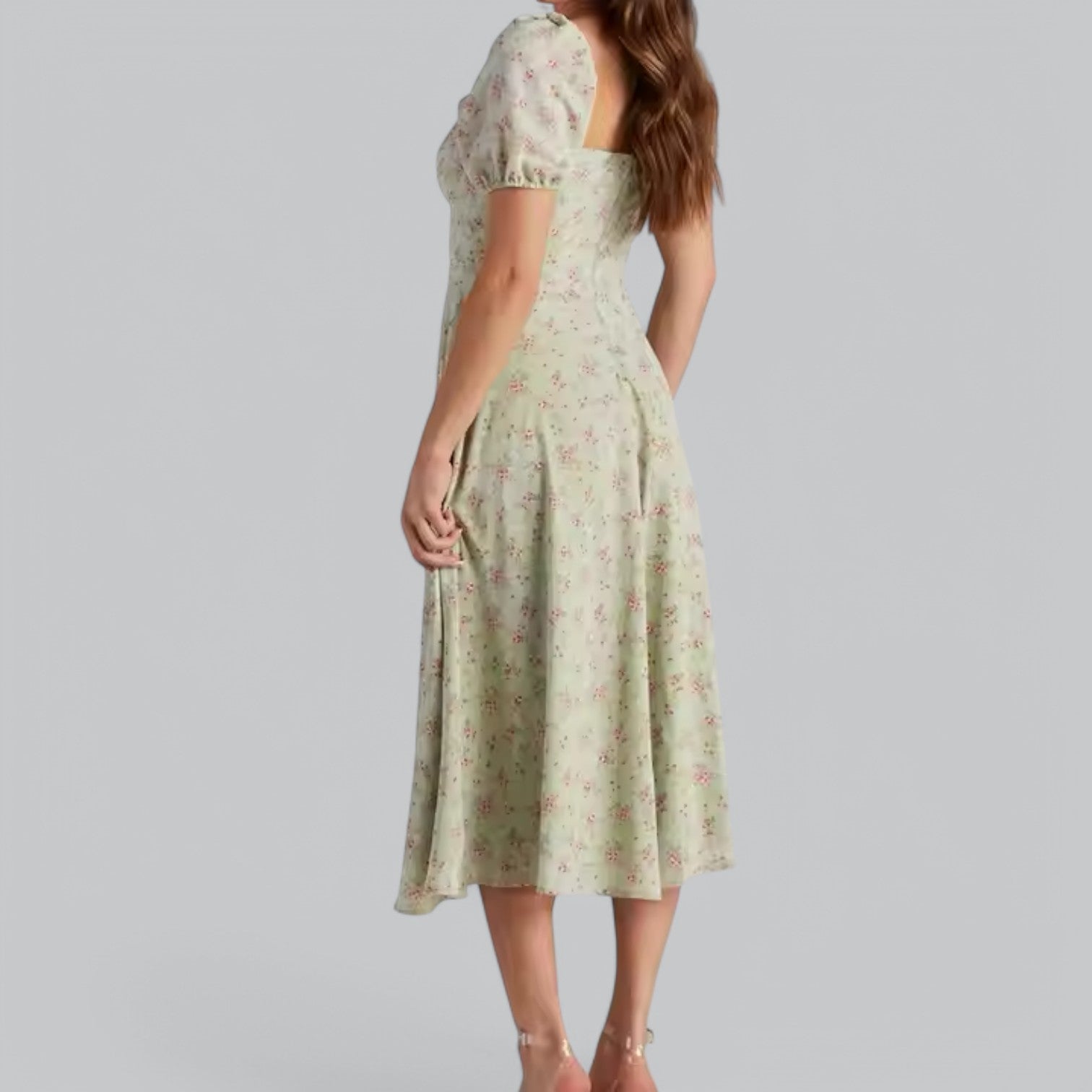 Valenti | Short Puff Sleeves Midi Dress - Slit Cut Floral Sundress