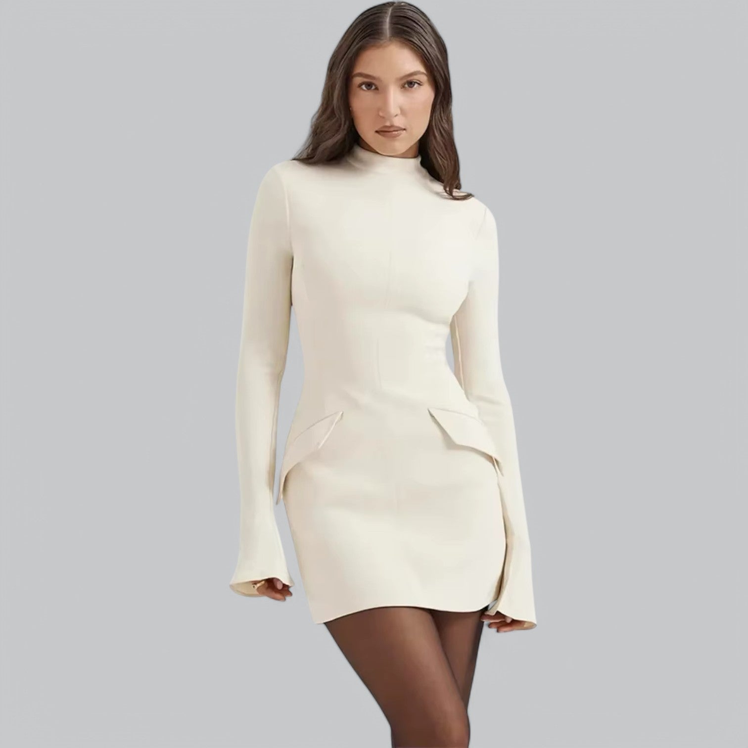 Valenti | Elegant Flared Long Sleeve Mini Dress - Hip Pockets