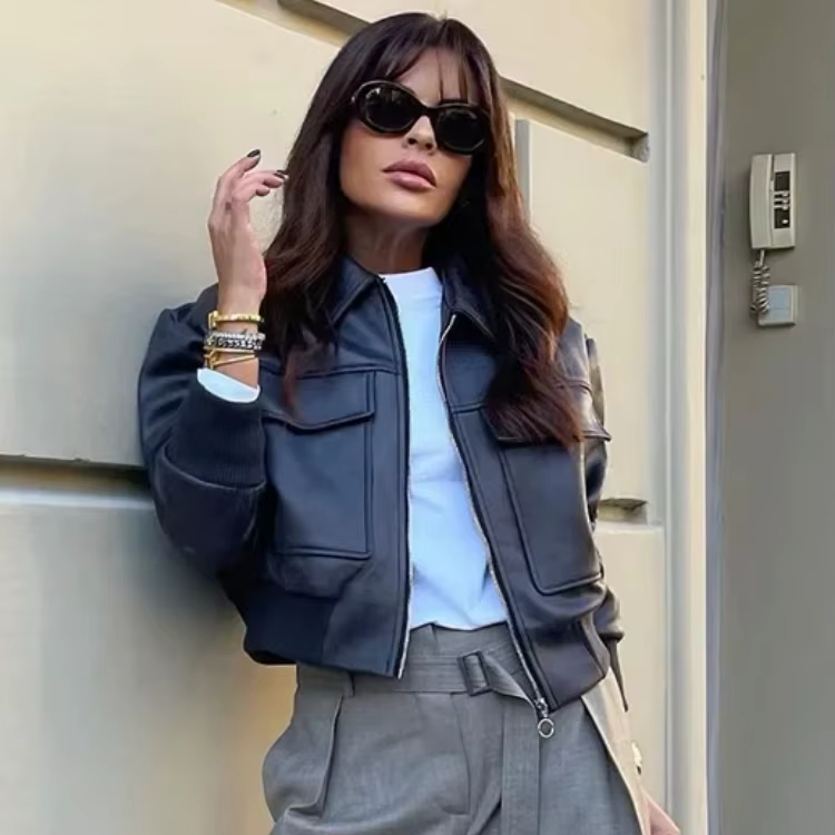 Valenti | Retro Vegan Faux Leather Bomber Jacket - Cropped
