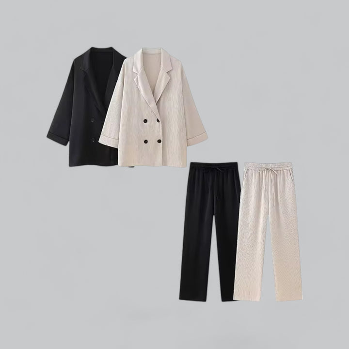 Valenti | Elegant Women's Co-Ord Suit | Double-Breasted Blazer Top - High-Waisted Wide-Legged Pants | Two-Piece Set