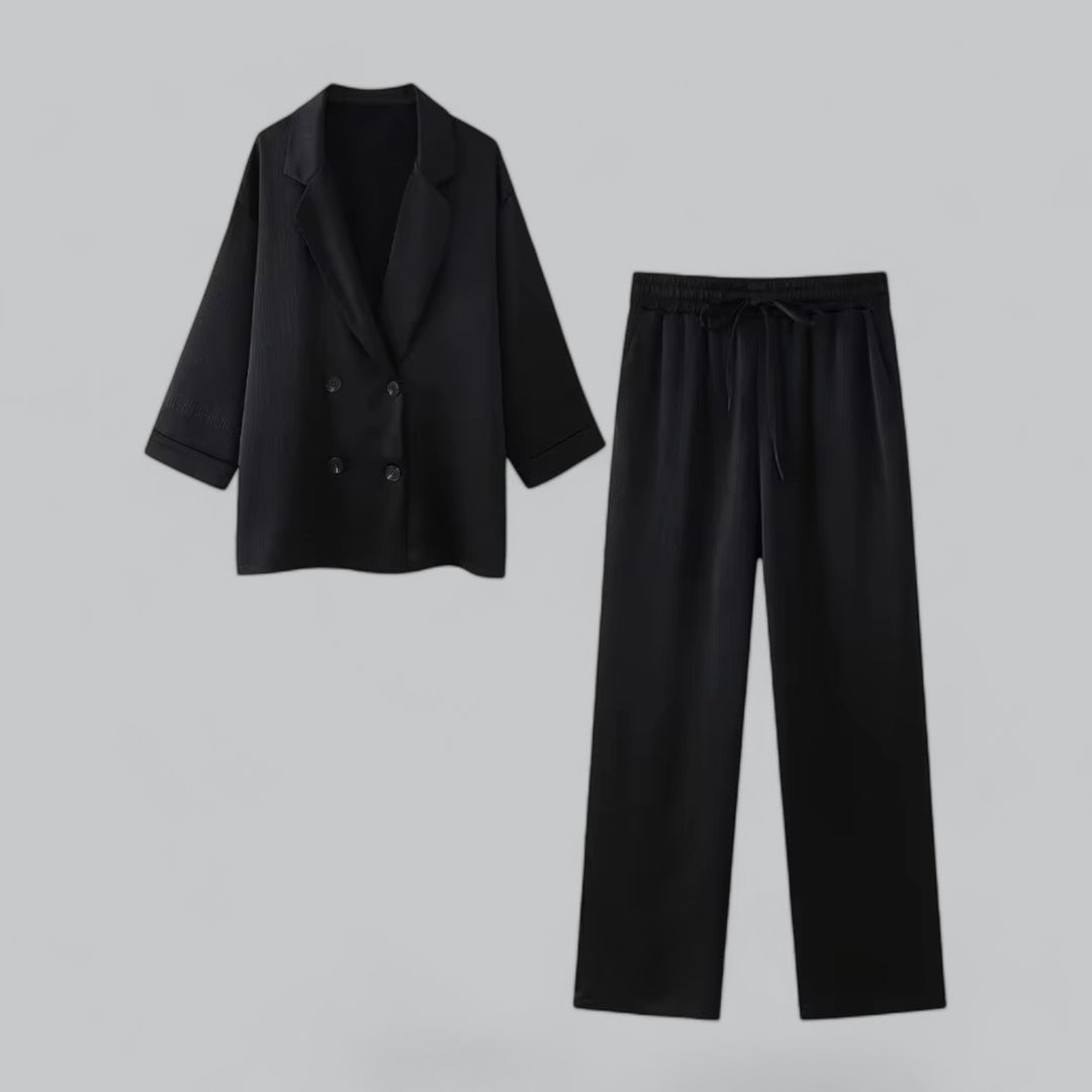 Valenti | Elegant Women's Co-Ord Suit | Double-Breasted Blazer Top - High-Waisted Wide-Legged Pants | Two-Piece Set