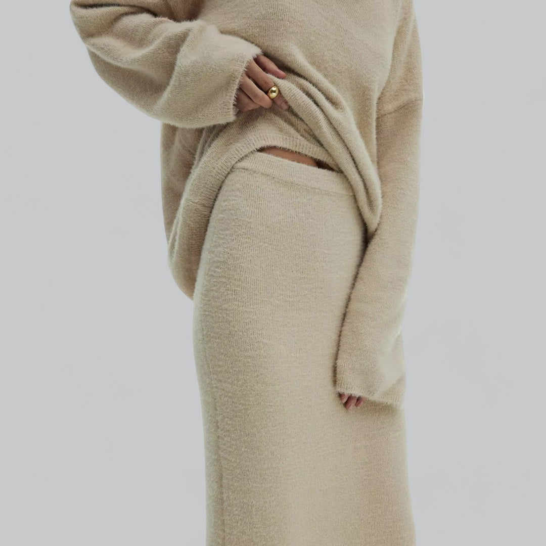 Valenti | Oversized Co-Ord Loose Soft Knitted Two Piece Set | V-Neck Pullover with Long Skirt