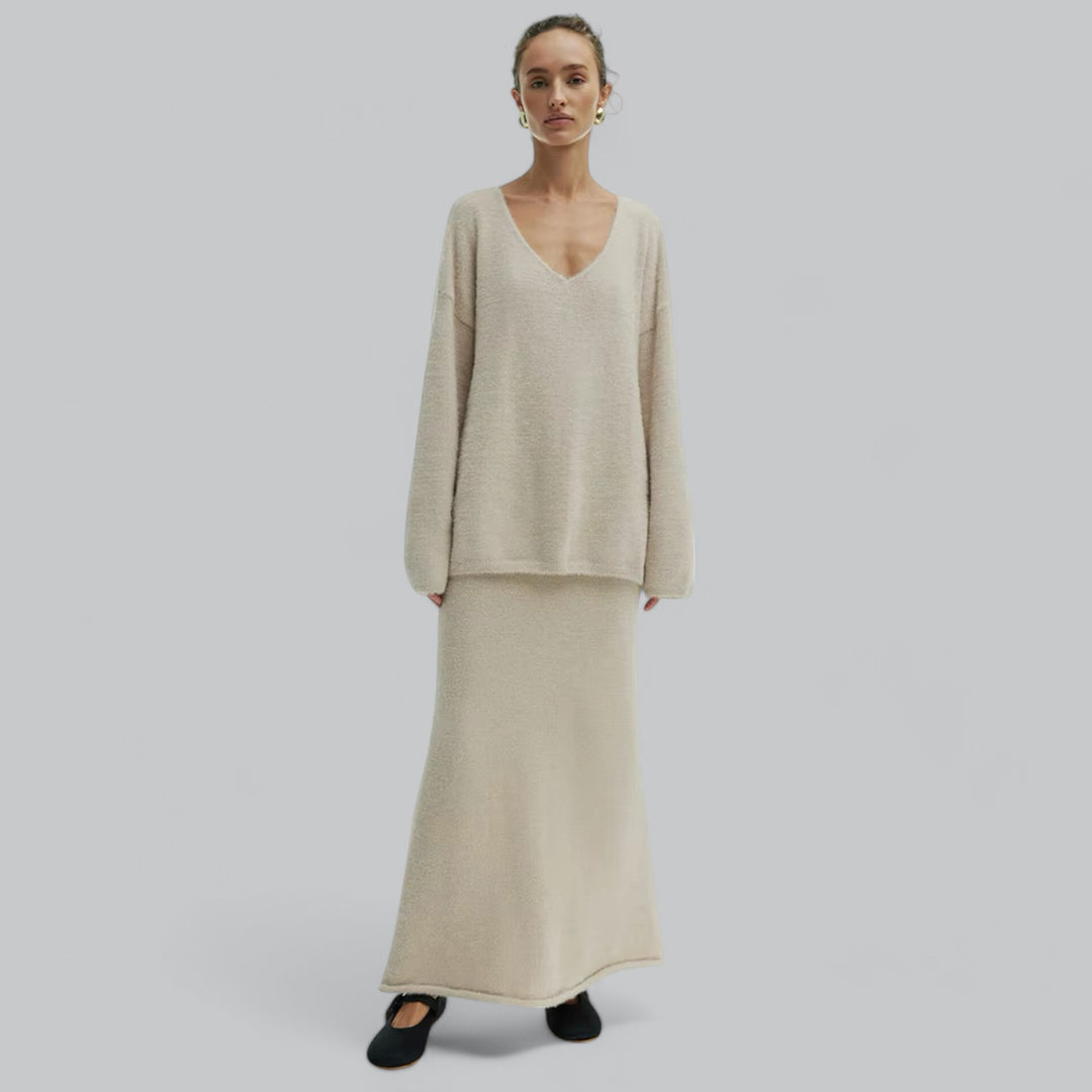 Valenti | Oversized Co-Ord Loose Soft Knitted Two Piece Set | V-Neck Pullover with Long Skirt