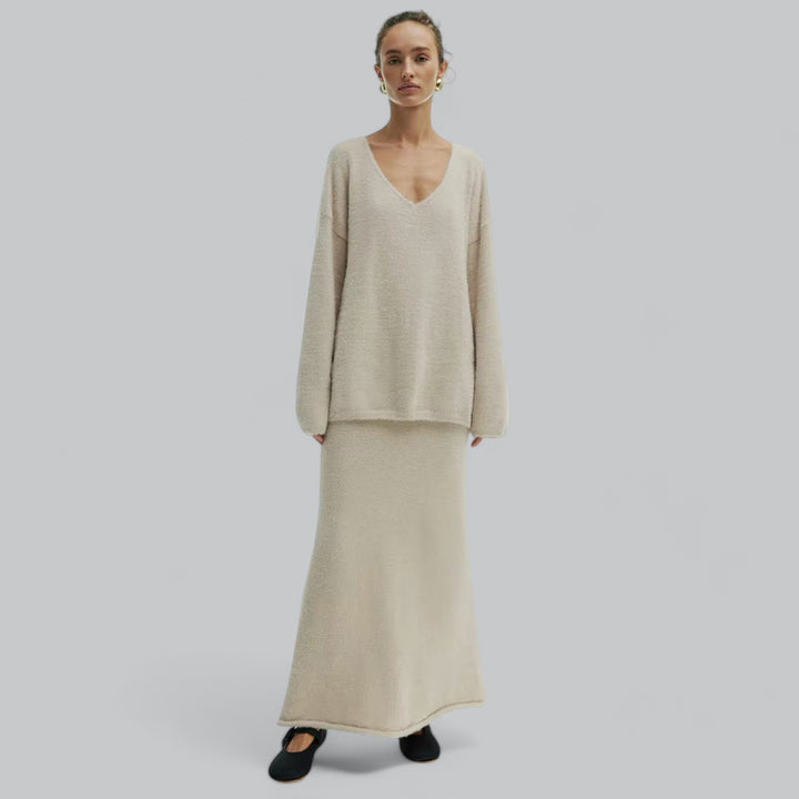 Valenti | Oversized Co-Ord Loose Soft Knitted Two Piece Set | V-Neck Pullover with Long Skirt