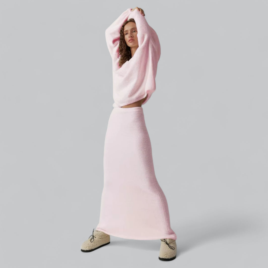 Valenti | Oversized Co-Ord Loose Soft Knitted Two Piece Set | V-Neck Pullover with Long Skirt