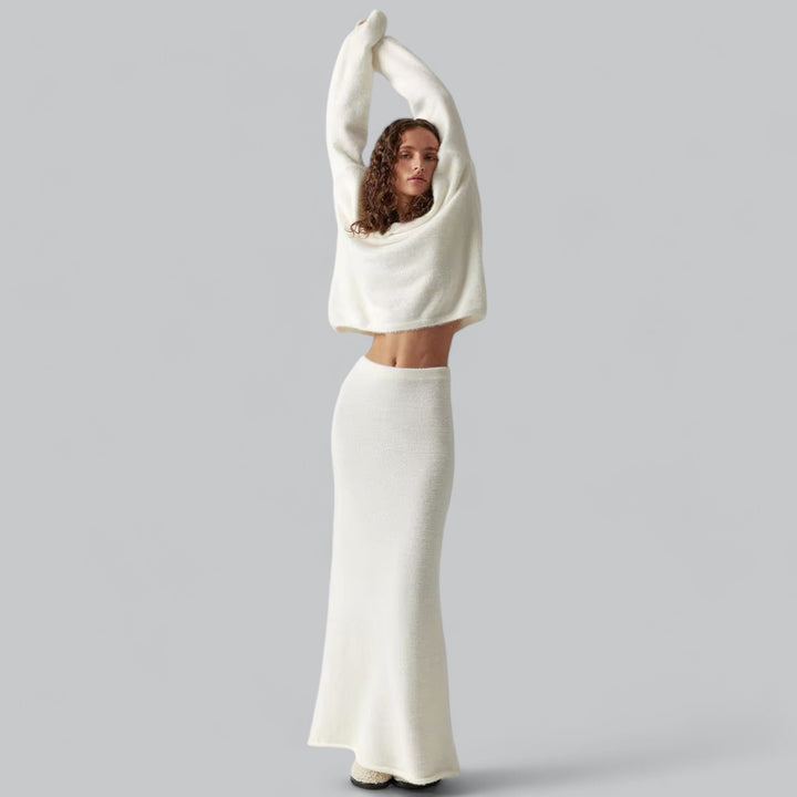 Valenti | Oversized Co-Ord Loose Soft Knitted Two Piece Set | V-Neck Pullover with Long Skirt