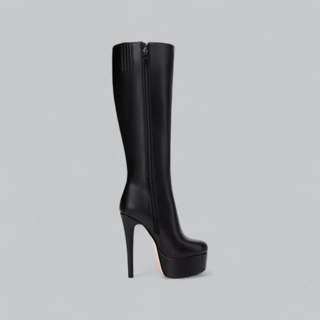 Valenti | New Platform Round Toe High Knee Leather Barrel Boots