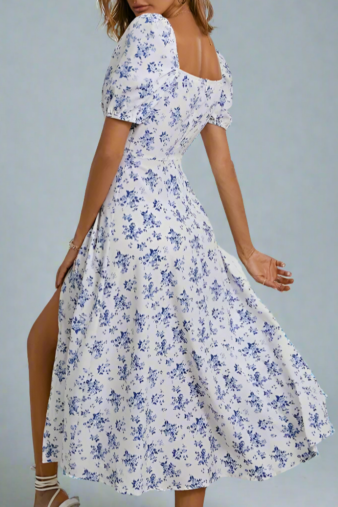 Women White Floral Dress Blue Flowers